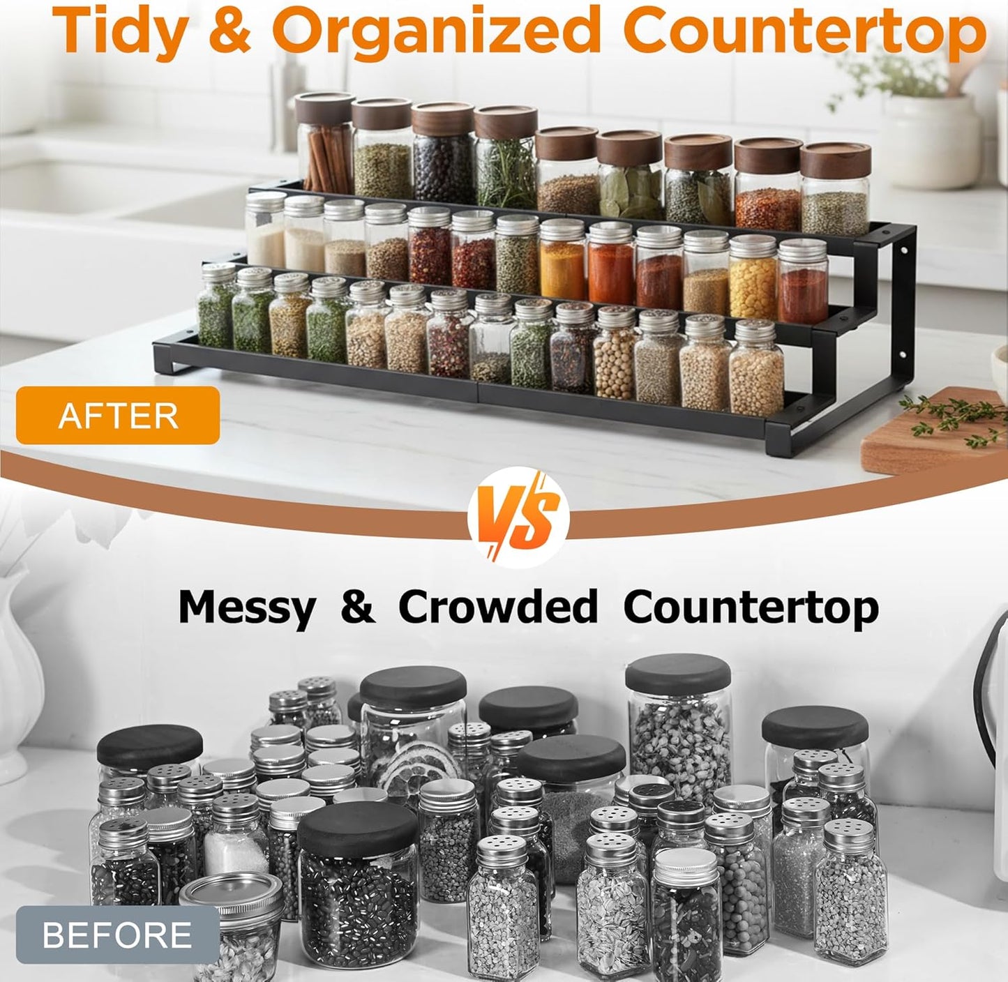 3-Tier Spice Rack Organizer for Kitchen Cabinet or Pantry, 16"-29" Expandable Spice Organization Shelf, Seasoning Organizer, Metal Display Shelf, Slip-Resistant Design for Jars and Bottles, Black