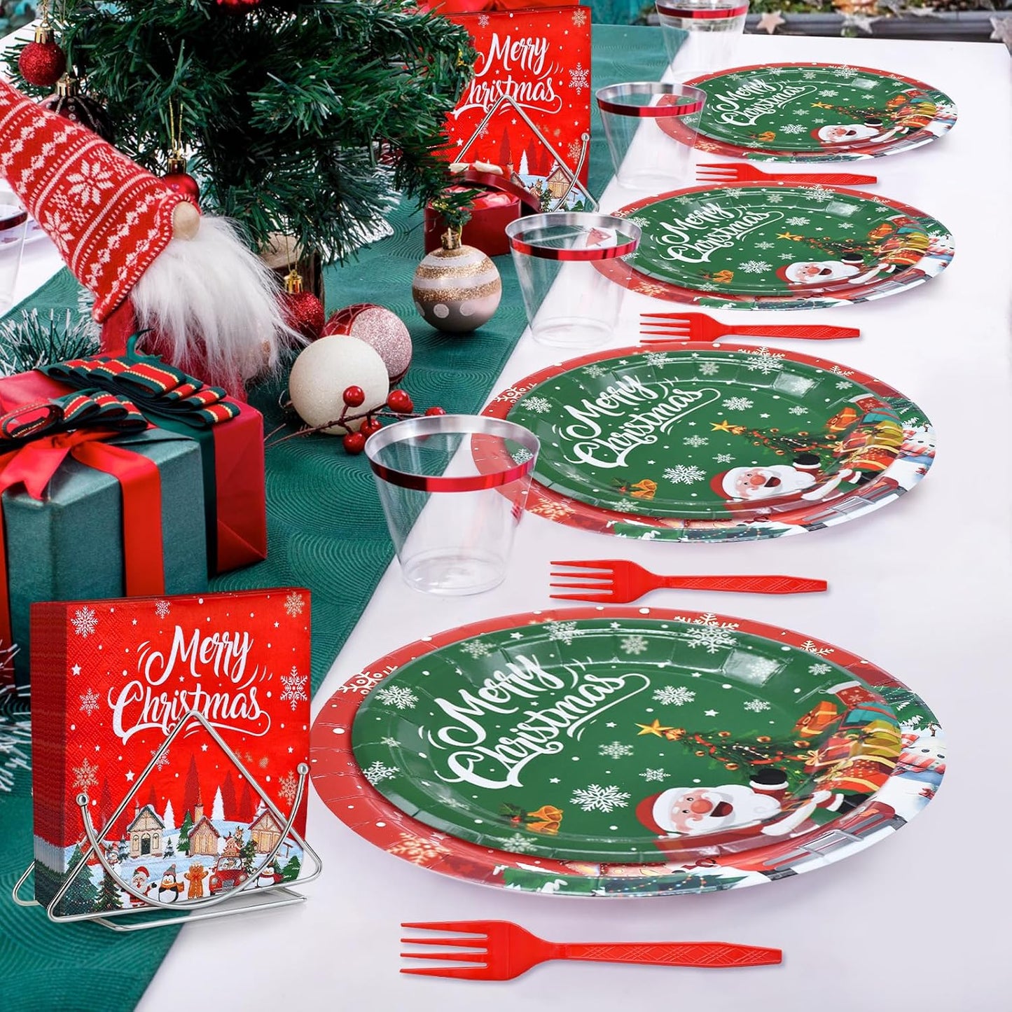 100 Pcs Christmas Tableware Party Supplies – Disposable Merry Christmas Dinnerware Set with Paper Plates, Napkins, and Utensils for Holiday Party, Winter Celebration – Serves 25
