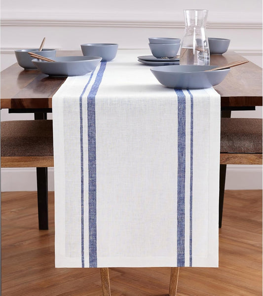 Solino Home Striped Linen Table Runner 108 Inches Long - French Stripe 100% Pure Linen Navy and White Dining Table Runner 16 x 108 Inch - Handcrafted and Machine Washable