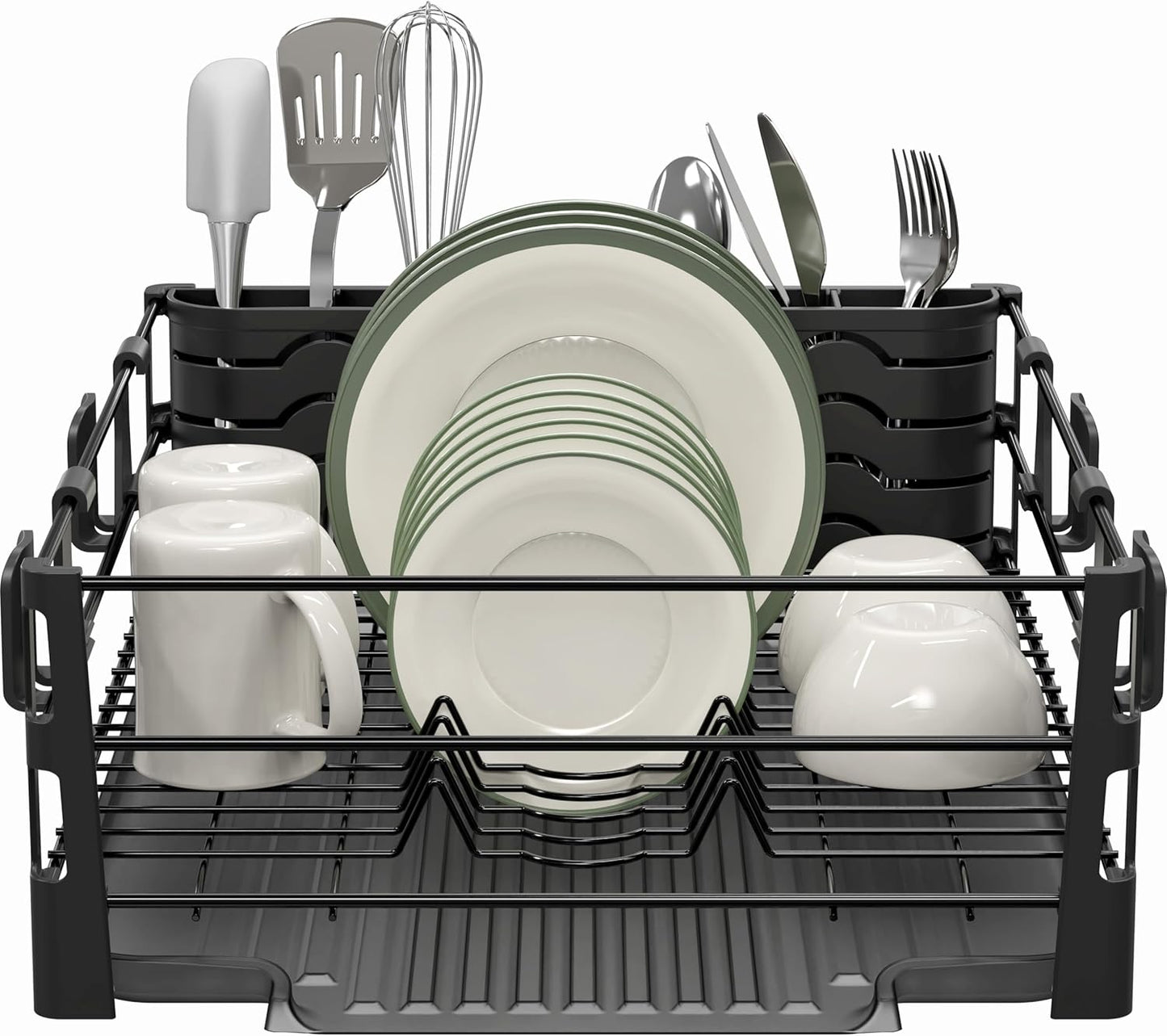 SIMPLE HOUSEWARE Dish Drying Rack with Drainboard, Utensil Holder & Mug Hooks, Black Metal Kitchen Counter Organizer