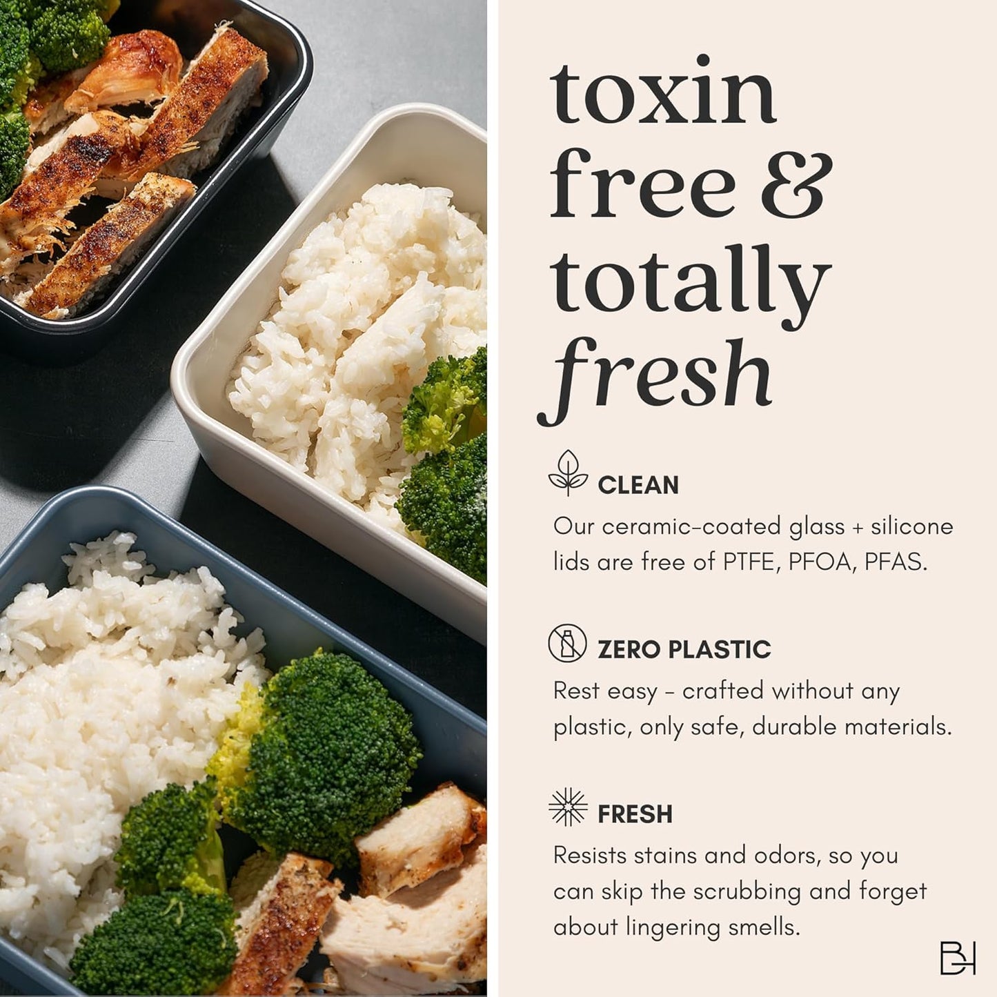 Ceramic Coated Glass Food Storage Container | No PTFE, PFOA, PFAS, and BPA | Reusable Non Toxic Meal Prep Container with Glass Lid | Easy To Store | 6 Piece Food Prep [Dusk]