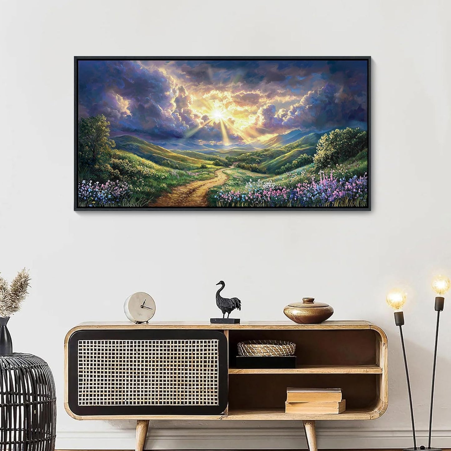 HKDGOKA Large Bedroom Wall Art, Purple Green Landscape Paintings Sun Clouds Mountains Flowers Canvas Pictures Framed Artwork for Living Room Office Kitchen Home Wall Decor 24x48 IN