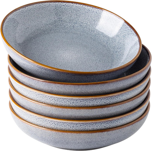 AmorArc 8.5'' Large Pasta Bowls, 36oz Ceramic Salad Serving Bowls Set of 6 for Kitchen, Wide Stoneware Bowls for Pasta,Salad,Fruit,Bread, Microwave Safe, Reactive Glaze-Blue
