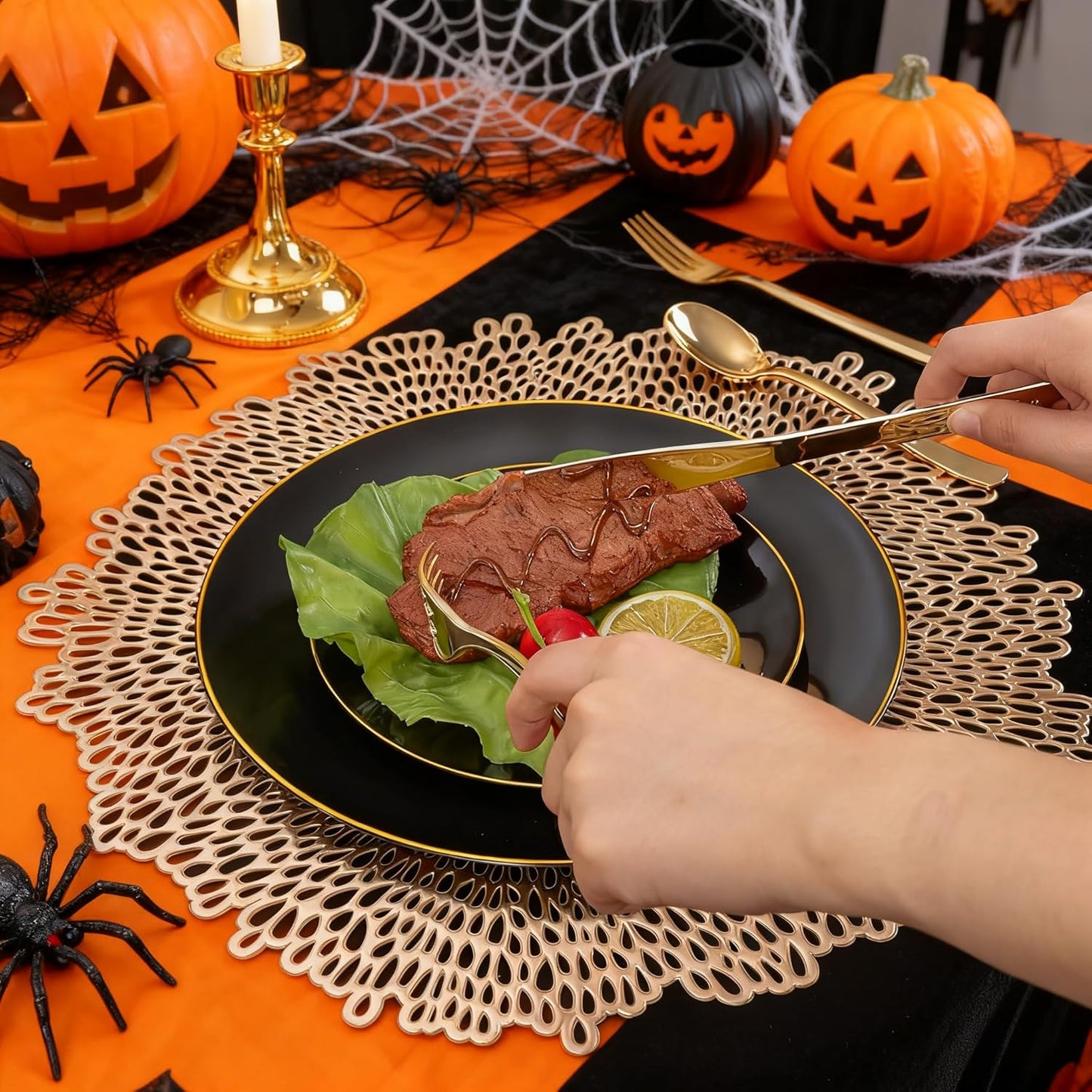 WDF 300PCS Black and Gold Plates - Black Plastic Plates for Party - 50guest Disposable Dinnerware Sets for Party/Wedding/Halloween/New Year