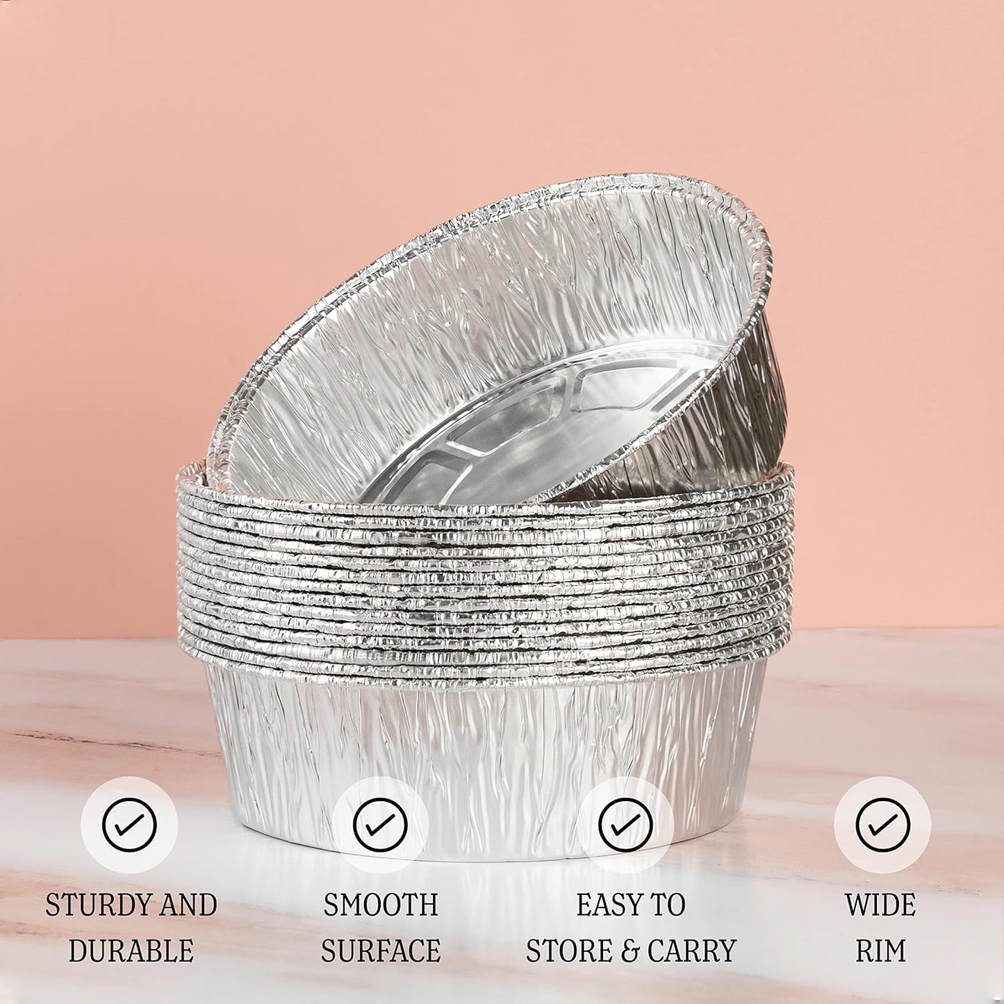 PLASTICPRO 8'' Inch Round Tin Foil Pans Disposable Aluminum, Deep Freezer & Oven Safe - For Baking, Cooking, Storage, Roasting, & Reheating, Pack of 50