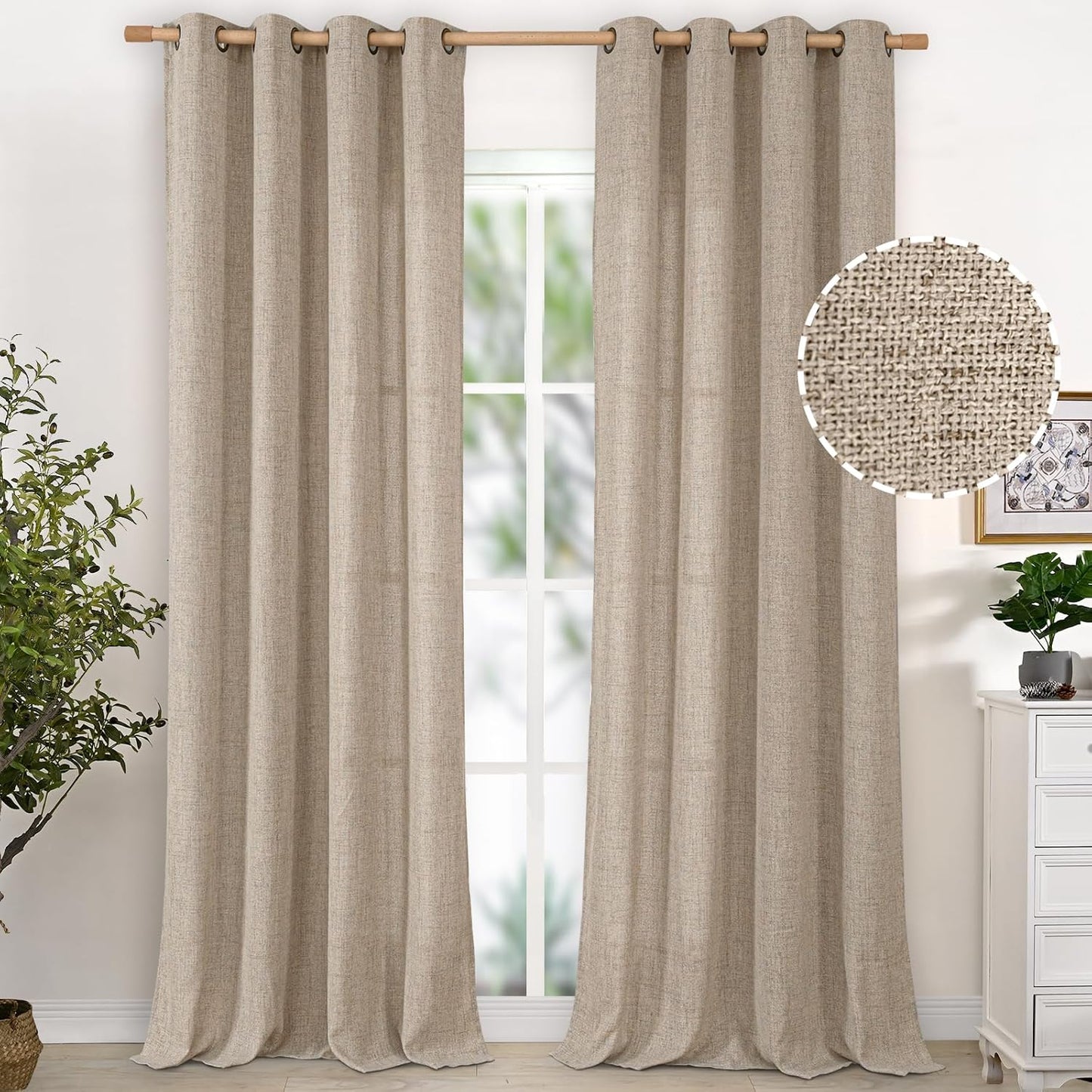 YoungsTex 95 lnch Long Oatmeal Linen Curtains 2 Panels for Living Room, Light Filtering Semi Sheer Window Treatments with Bronze Grommet Floor Length Drapes for Farmhouse Bedroom Dining, 52 X 95 Inch