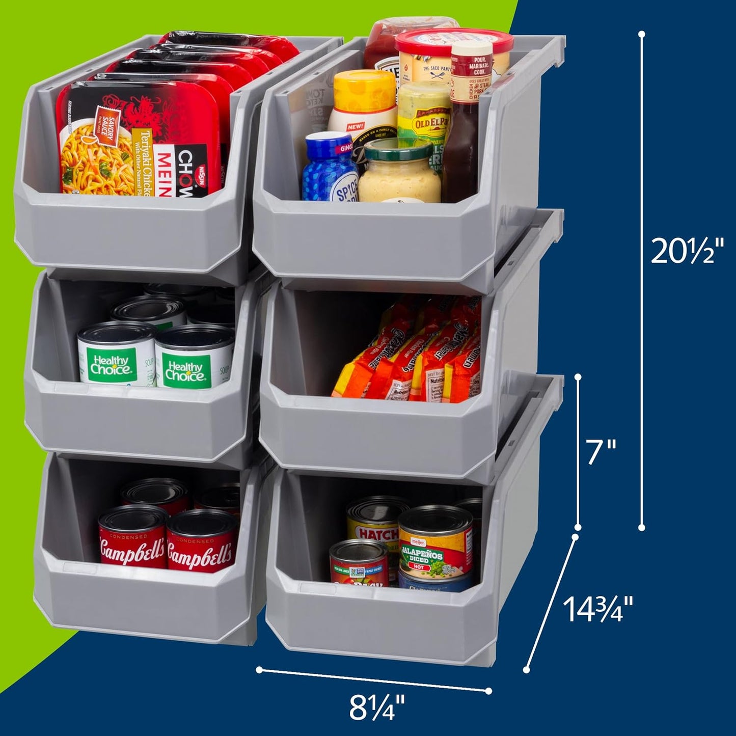 ReadySpace Plastic Containers for Organizing and Storage Bins for Closet, Kitchen, Office, Garage or Pantry Organization, Stackable Bins, Large (14.8" x 8" x 7"), 6-Pack, Blue