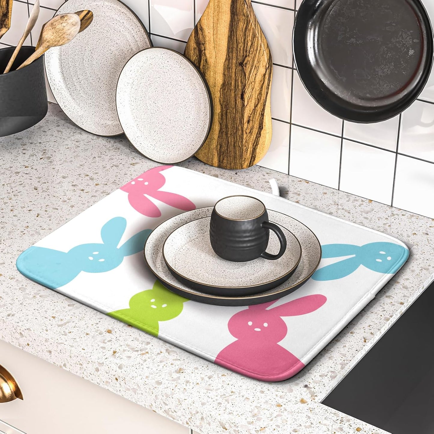 Spring Easter Dish Drying Mats for Kitchen Counter 16×18 Inch Cute Bunny Rabbit Small Microfiber Drying Mat Kitchen Accessories Dish Rack Mat Drainer Pad Washable Absorbent