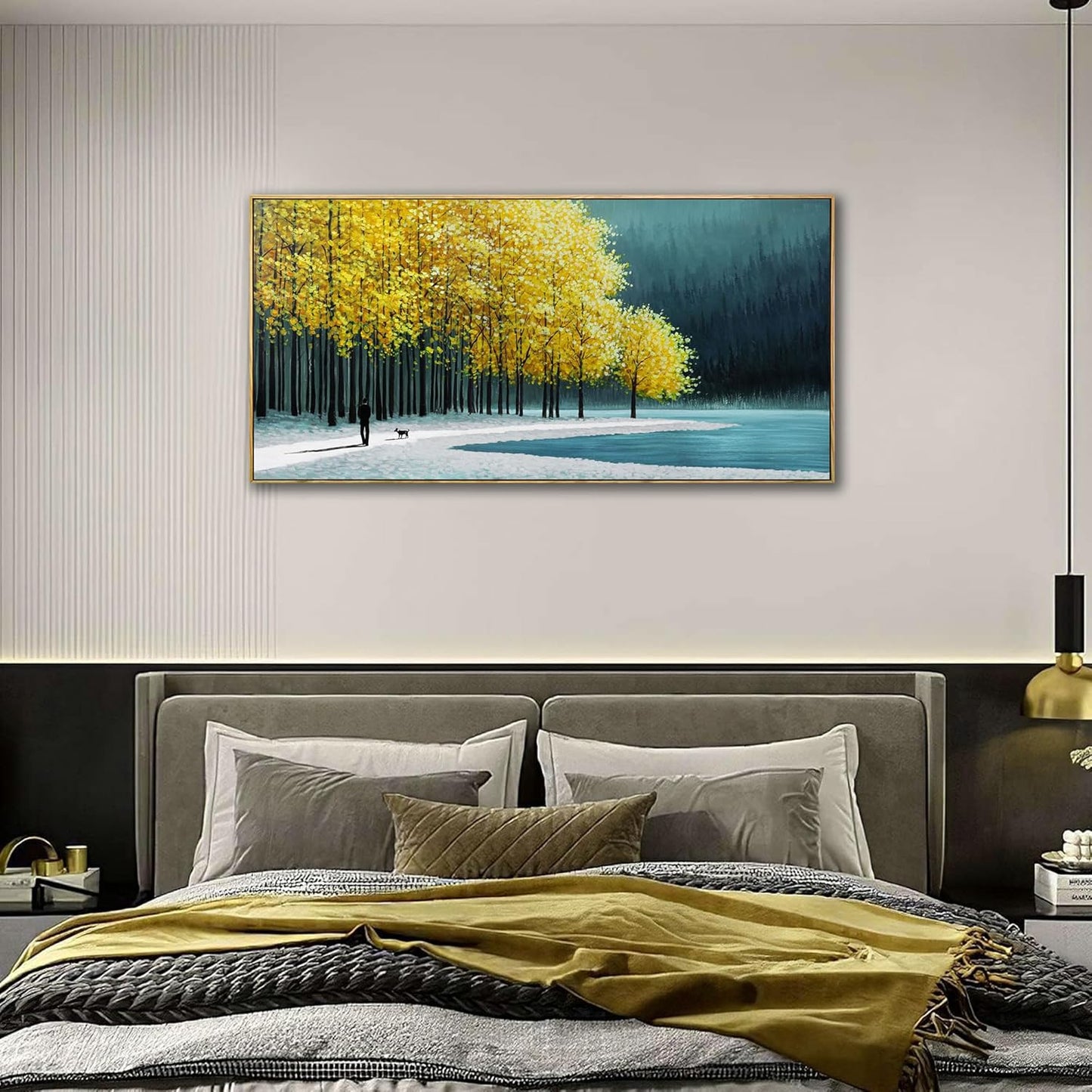 KLAKLA Large Wall Art - Yellow Bedroom Birch Tree Valley Snowy Forest Wild Lakes Landscape Canvas Pictures Wall Decoration for Living Room Office Home Decor - 40x20 Inches