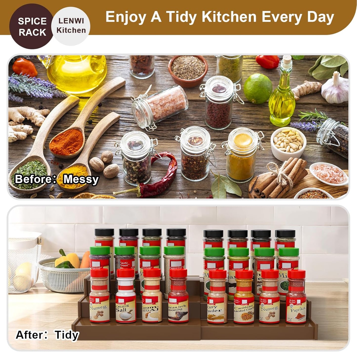 Spice Rack Organizer for Cabinet, 3 Tier Expandable Bamboo Spice Storage, Great for Kitchen Cabinet, Cupboard,Pantry and More(Brown)