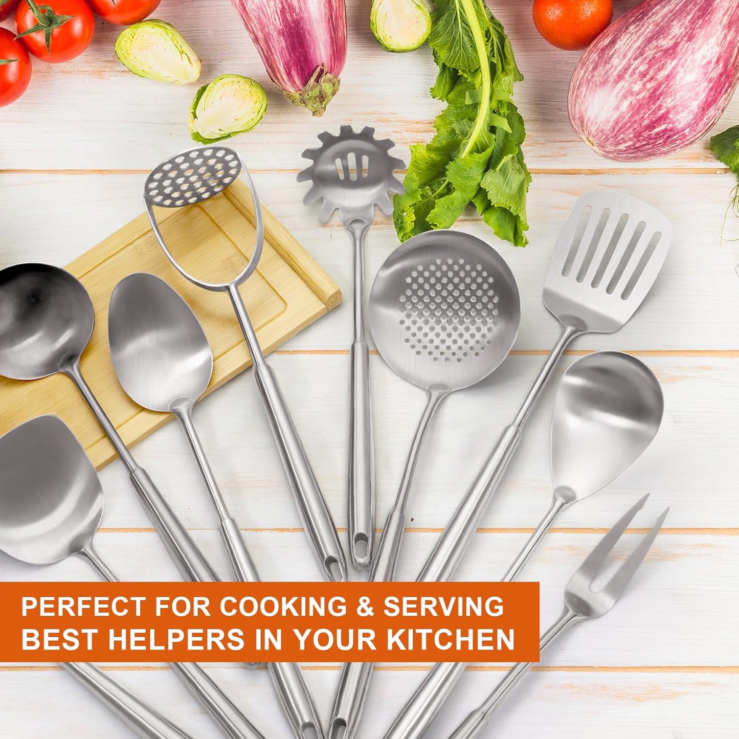 18/10 Stainless Steel Kitchen Utensils, Metal Cooking Utensils Set, 12 PCS Large Metal Cooking Utensil Tools Set