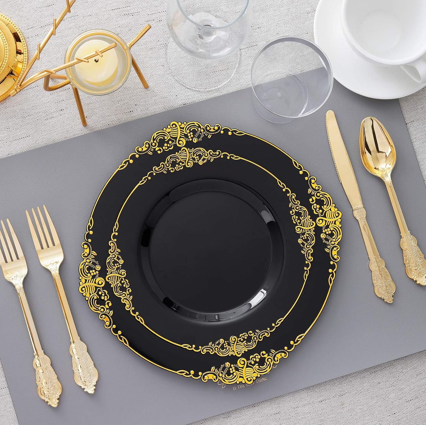 Hioasis 175pcs Black and Gold Plastic Plates - Elegant Disposable Dinnerware Set Suitable for 25 Guests Include 10.25" Dinner & 7.5" Dessert Plates, Cutlery, Napkins, Cups for Party & Halloween