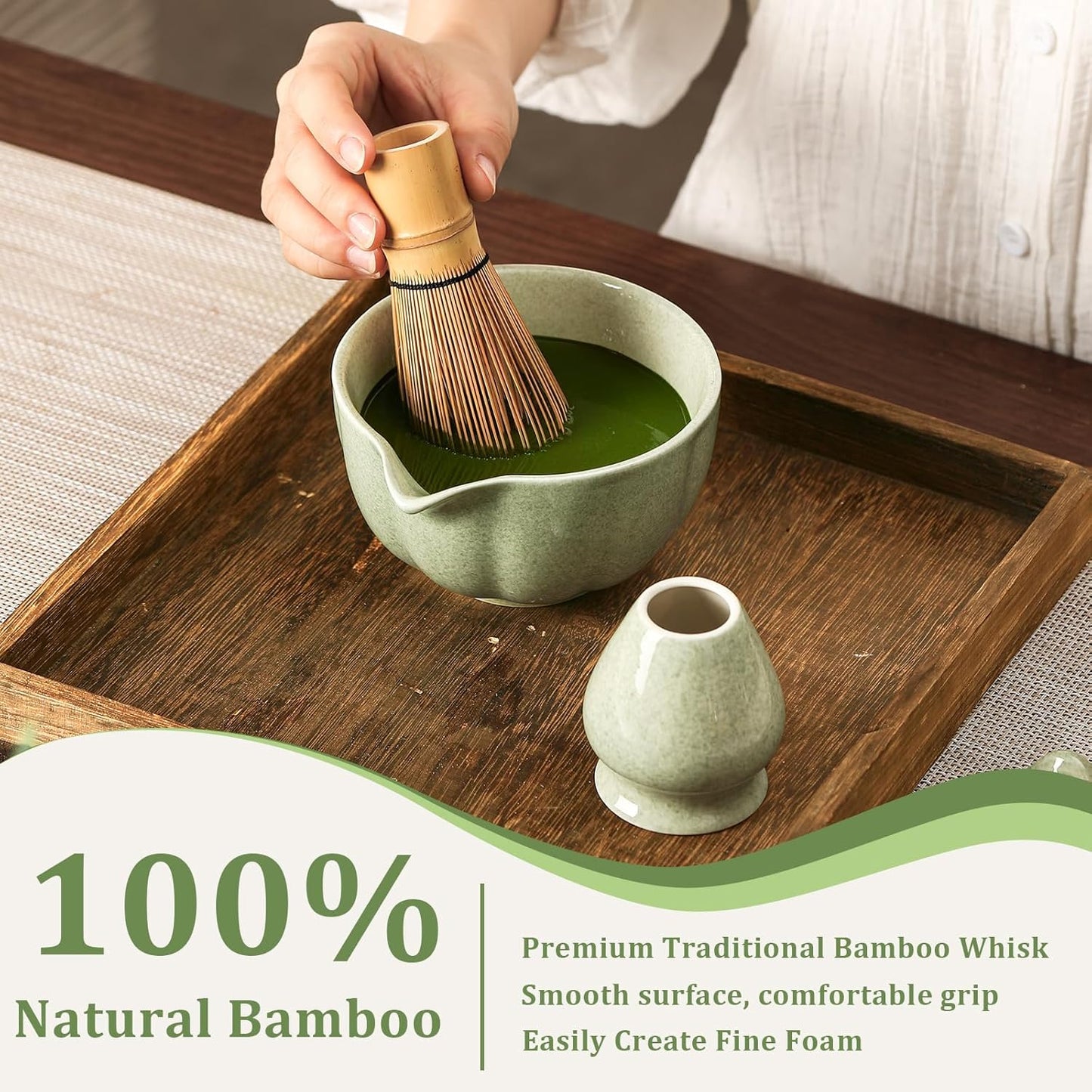 Matcha Whisk Set, 7-Pack Mottled Green Matcha Set - Include Petal Matcha Bowl with Spout, Bamboo Whisk, Chasen Holder, Sifter, Scoop, Tea Towel, Scoop Rest - Perfect Matcha Making Kit for Tea Lover