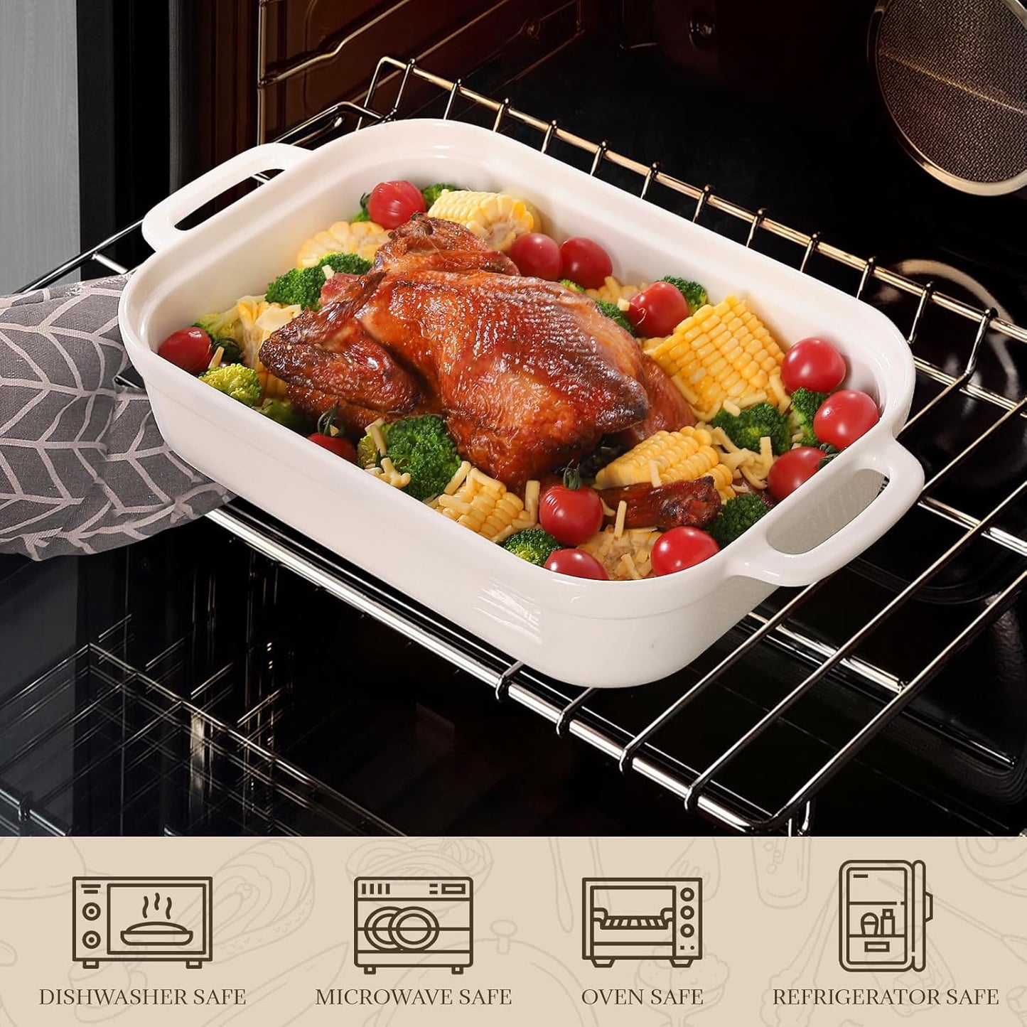 Casserole Dish,Large Baking Dish Cookware,Deep Lasagna Pan for Oven,Ceramic Bakeware for Baking, Easy to Clean (White, 5 Quart,With Lid)