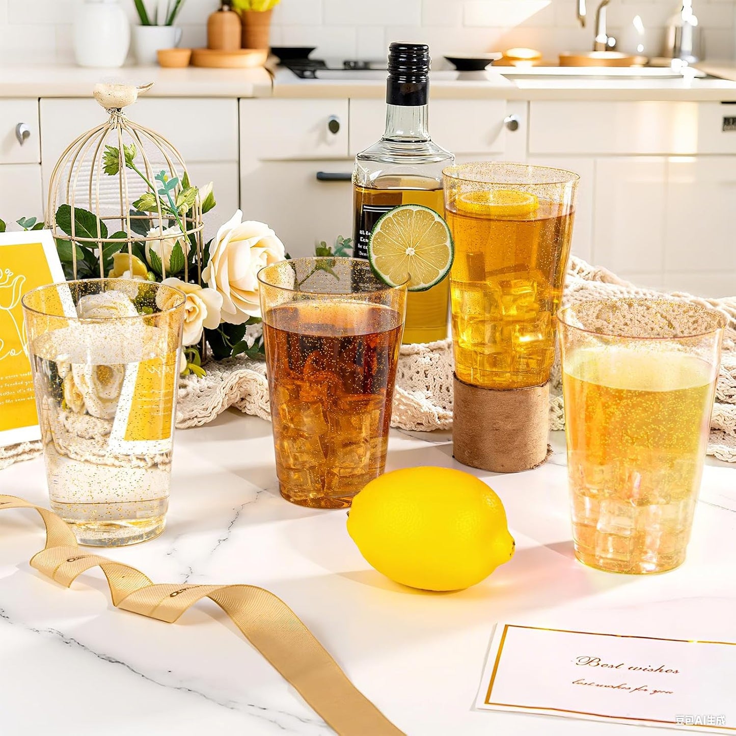 I00000 100 Pack 18 oz Gold Plastic Cups, Gold Glitter Cups Disposable Plastic Wine Glasses Cocktail Glasses Premium Cup, 18 Ounce Glitter Disposable Tumblers for Party & Wedding