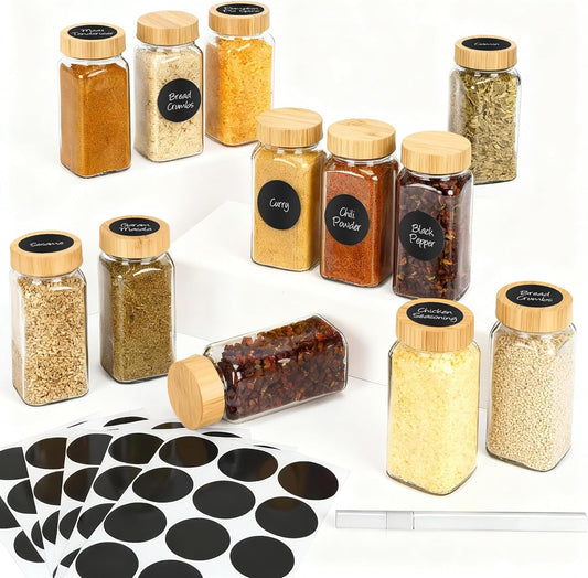 12Pcs Spice Jars with Label, 4oz Empty Square Seasoning Containers, Spice Jars with Shaker Lids, Small Spice Bottles for Salt, Herbs, Sugar, Pepper, Seasoning Jars for Spice Rack, Cabinet, or Drawer