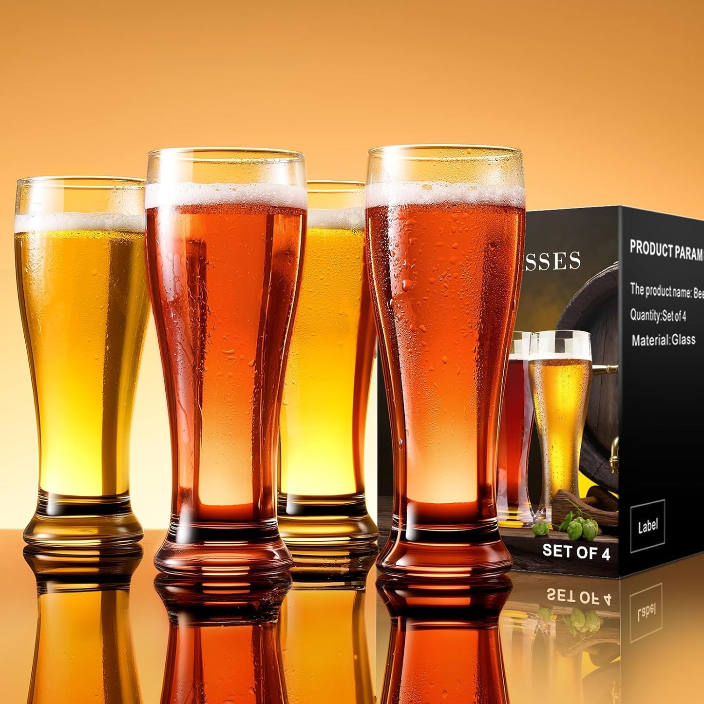 Beer Glasses Set of 4, 14 oz Pilsner Beer Pint Glasses, Classics Craft Wheat Beer Glasses Drinking Set, Beer Mug Glassware Gift for Men