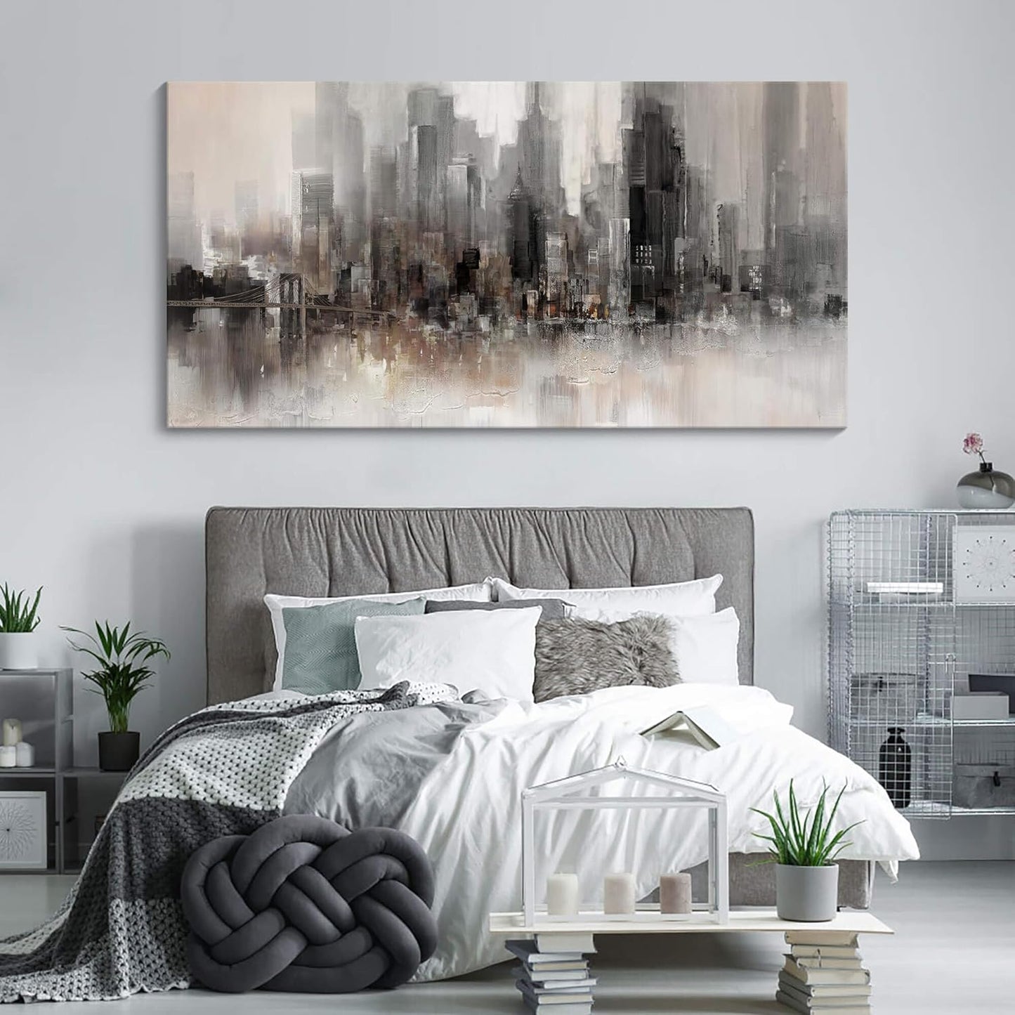 Cityscape Wall Art New York City Skyline Buildings Picture Modern Abstract Grey NYC Skyline Painting Framed Artwork for Bedroom Living Room Bathroom Home Office Decor29×58IN