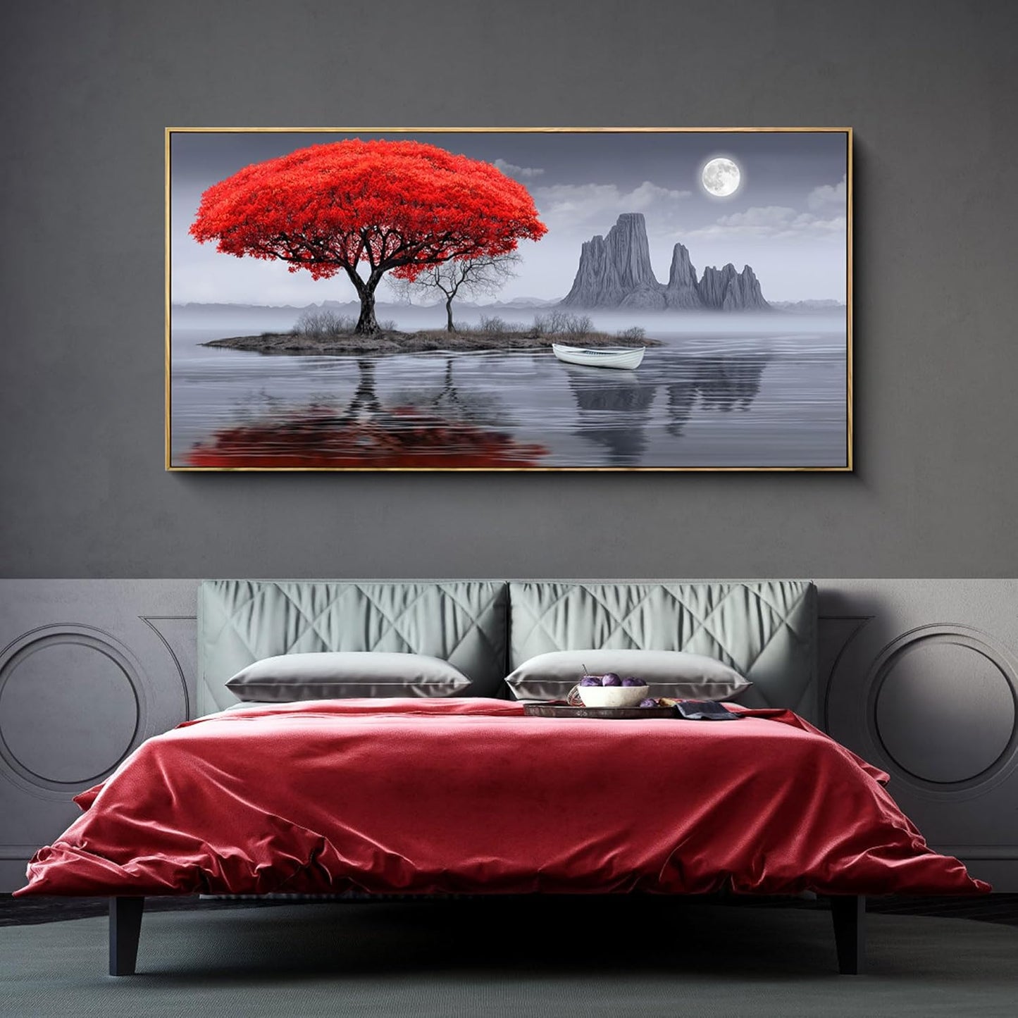 XLSJERST Large Wall Art - Red Room Wall Art Bedroom Decoration Frame Canvas Artwork Moon Landscape Lake Pacture for Living Room Office Black and White Wall Art 24x48 Inches