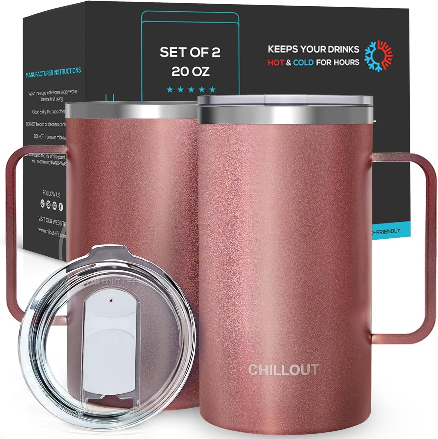 CHILLOUT LIFE Stainless Steel Vacuum Insulated Coffee Mug 16 oz (Set of 2) with Handle and Lid, Large Thermal Camping Coffee Mugs with Sliding Lid for Men & Women, Keeps Your Beverages Hot & Cold