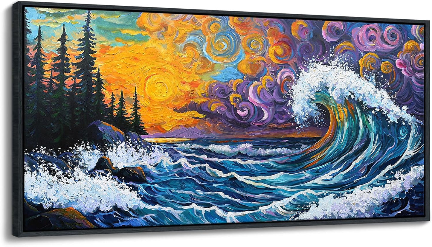 CHATYOUNG Large Framed Wall Art, Abstract Van Gogh Coastal Waves Sunrise Landscape Canvas Paintings Modern Pictures Print Artwork for Living Room Bedroom Kitchen Office Home Wall Decor 24"X48"