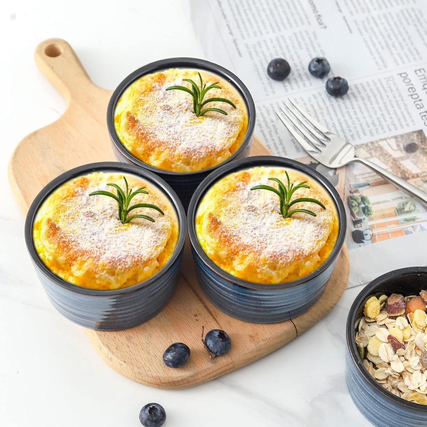 Ceramic Ramekins 6 oz, Oven Safe Souffle Dish Set of 6 for Baking, Porcelain Dipping Sauce Bowls for Creme Brulee,Stackable Custard Cups for Pudding, Ice Cream, Lava Cakes, Blue