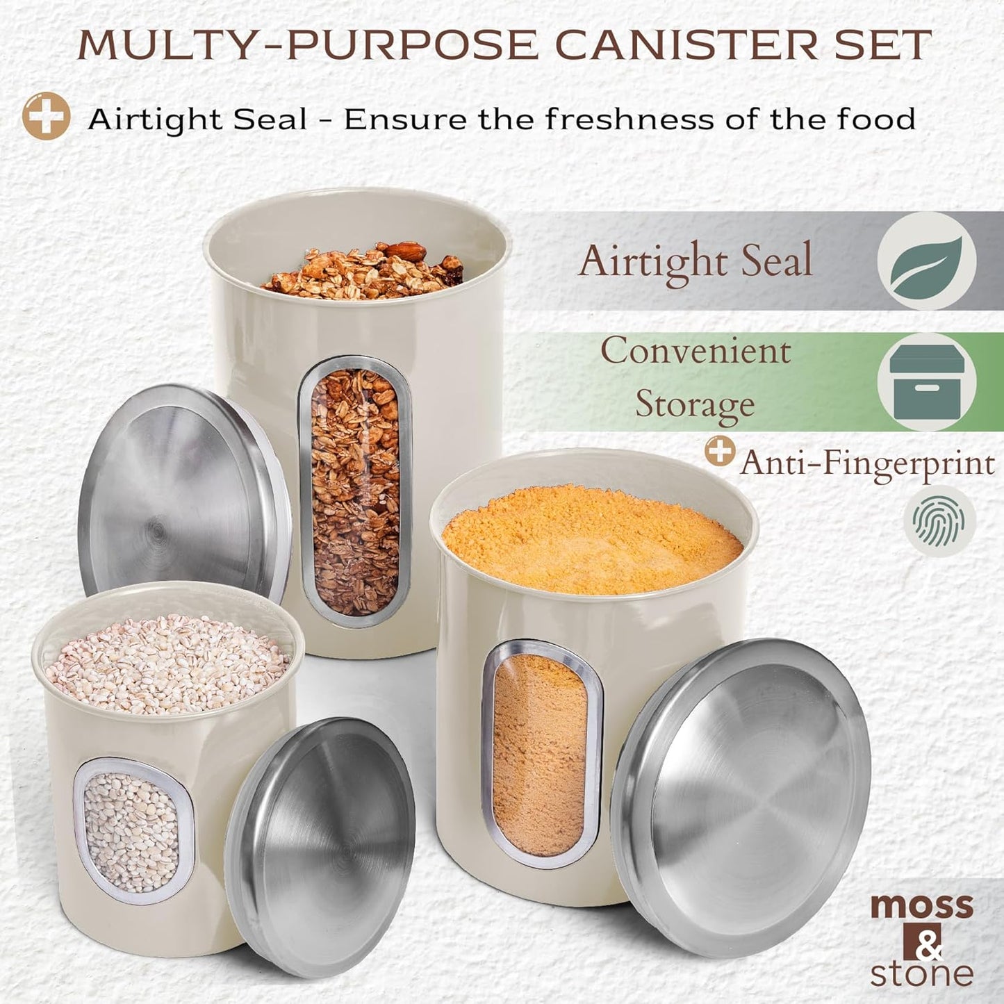 Moss & Stone 3-Piece Beige Canisters Sets For The Kitchen, Airtight Canister Set With See Through Window, Storage Jars for Coffee Container, Tea Organizer & Sugar Canister, Beige Kitchen Canisters
