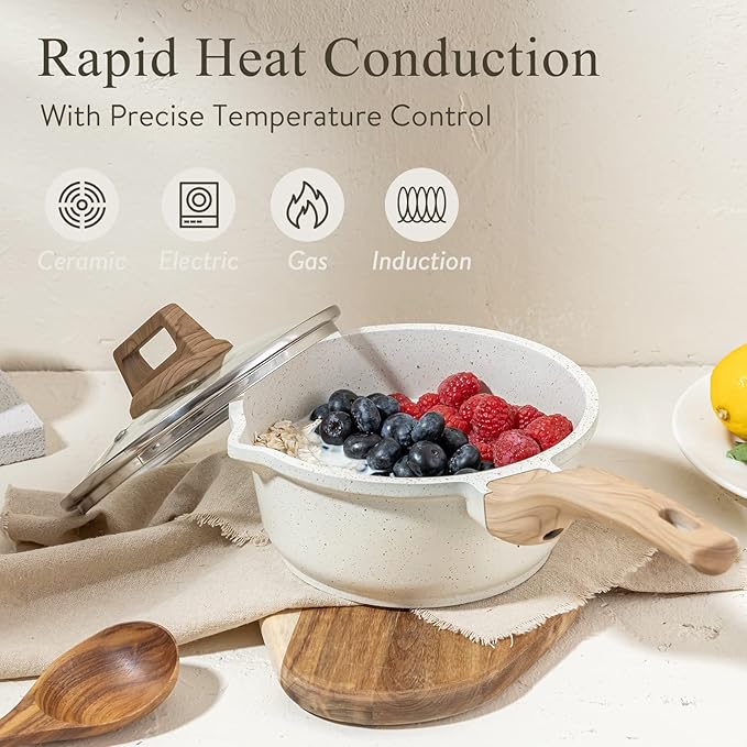 CAROTE 2Qt Sauce Pan Sets with Lid Cooking Pots Nonstick Saucepans Cookware Set with Pour Spout Small Kitchen Pot, Induction Comptable, Easy to Clean, PFOA FREE (White Granite)