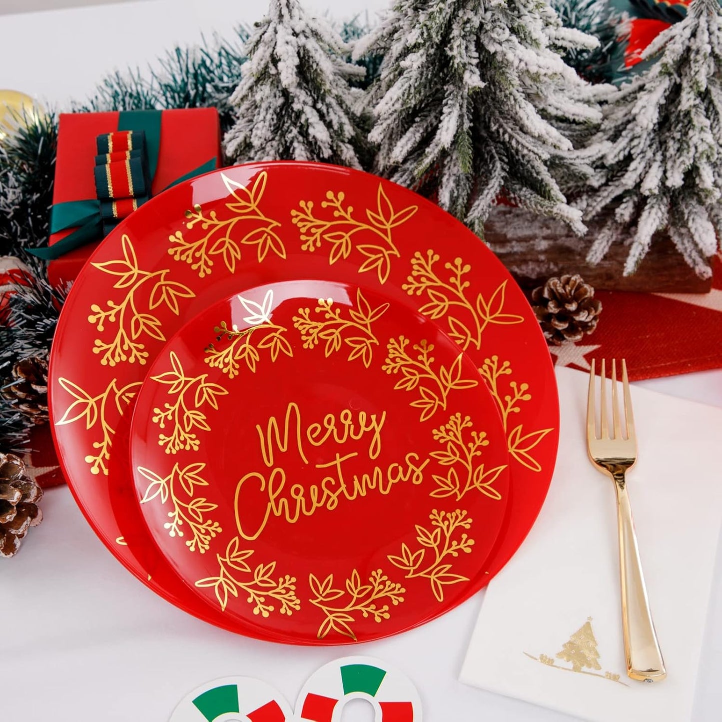 Morejoy 175PCS Christmas Disposable Plates, Red and Gold Plastic Plates Set, Red Gold Dinnerware Set Includes: 50PCS Plates, 25Cutlery Sets, 25PCS Cups, 25PCS Napkins,for Christmas party, wedding