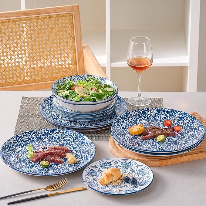 Bestone Porcelain Dinnerware Sets Service for 4, 12 pcs Hand drawn Plates and Bowls Sets, Handmade Ceramic Dish Set, Chip Resistant Modern Plate Set, Dishwasher/Microwave Safe，Vintage Blue