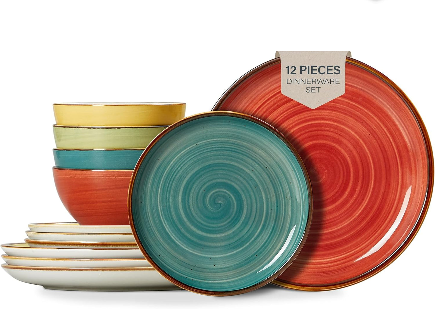 ONEMORE Plates and Bowls Set - Microwavable, Oven & Dishwasher Safe Porcelain Dinnerware Set - Scratch Resistant, Ceramic Dishware for 4(12pcs) - Assorted Colors
