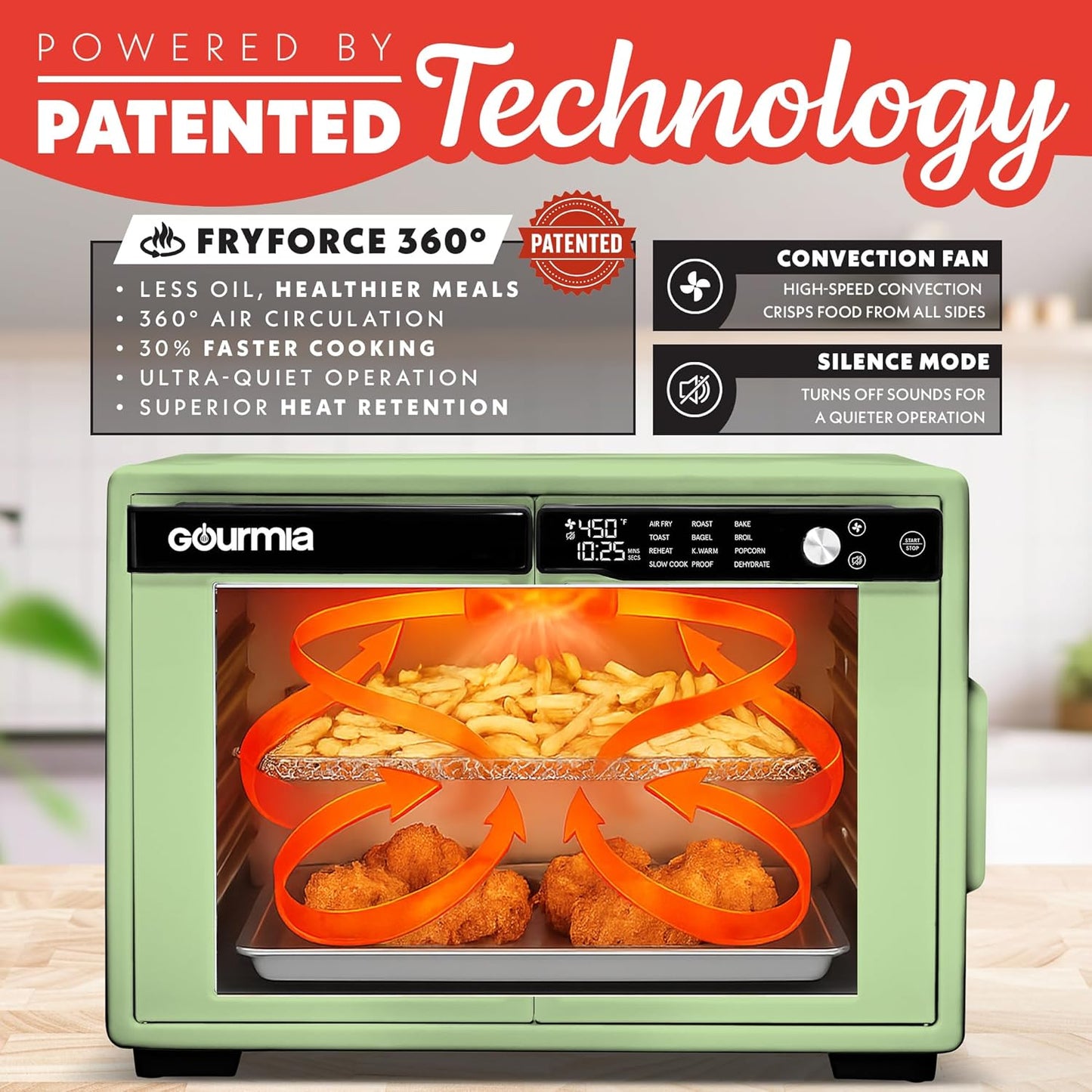 Gourmia French Door Digital Air Fryer Oven - XL 37QT Capacity, 12 Presets, FryForce 360° Tech, Dehydrate, Proof, Slow Cook, Fits 13” Pizza, 1700W, Green