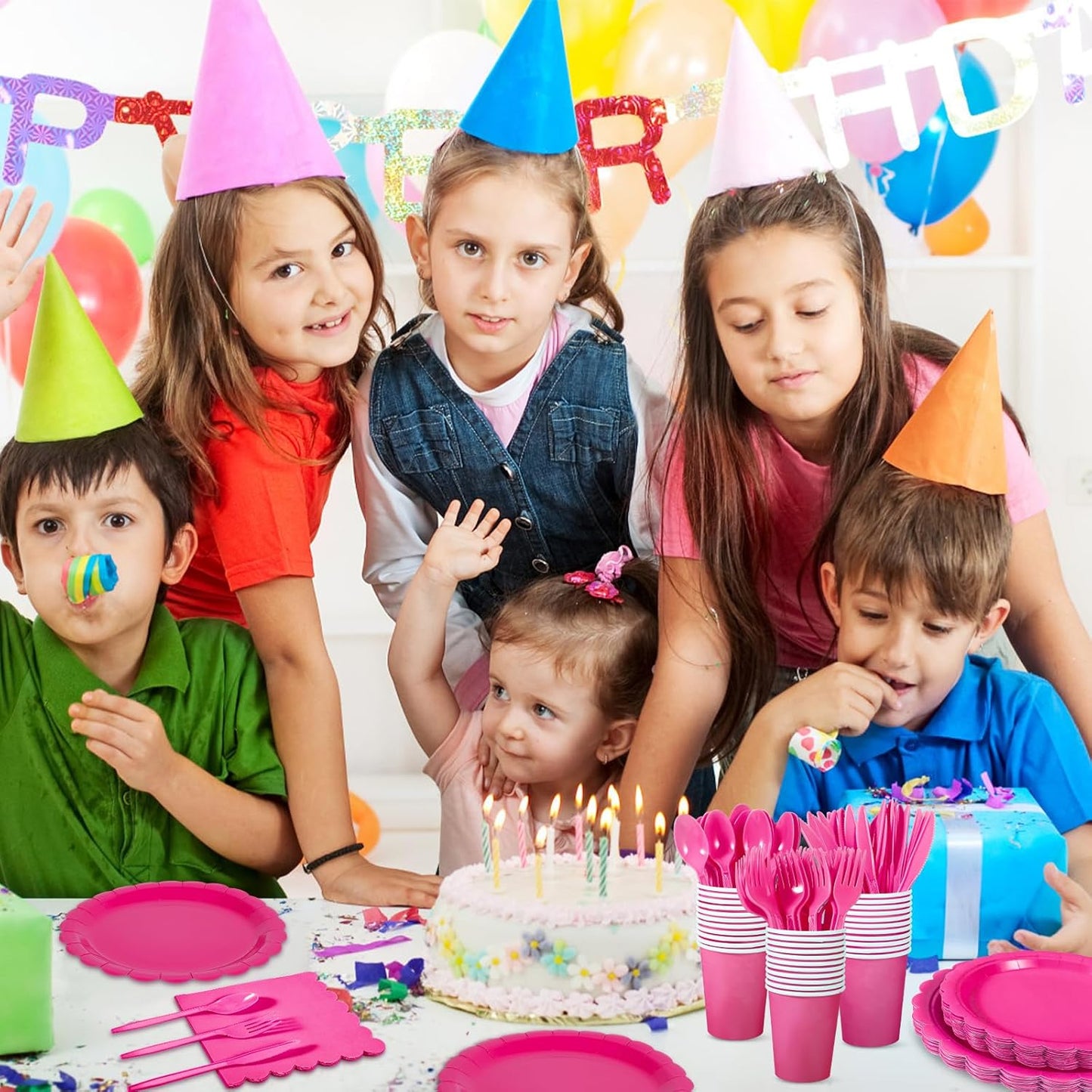 175 Pcs Hot Pink Paper Plates and Napkins, 25 Guest Hot Pink Party Supplies Include Scalloped Plates Napkins Cups Plastic Cutlery Set for Birthday, Bridal Shower