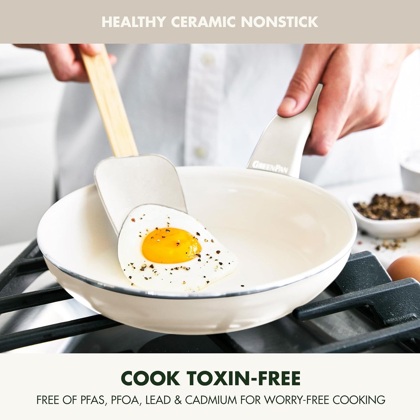 GreenPan Dover 8” Frying Pan Skillet with Spatula, Non-Toxic PFAS-Free Ceramic Nonstick Coating, Sear Saute Fry Egg Omlete, Dishwasher & Oven Safe, Stay Cool Handle, Easy Pour Rims, Cream White