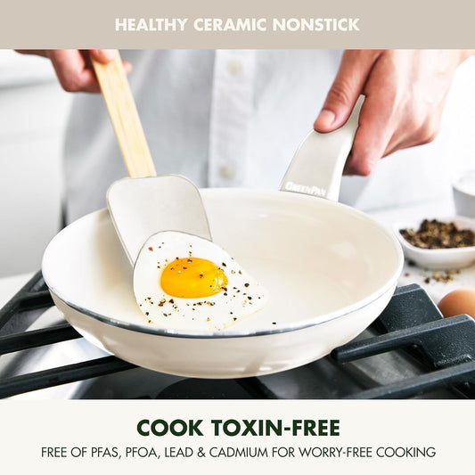 GreenPan Dover 8” Frying Pan Skillet with Spatula, Non-Toxic PFAS-Free Ceramic Nonstick Coating, Sear Saute Fry Egg Omlete, Dishwasher & Oven Safe, Stay Cool Handle, Easy Pour Rims, Cream White