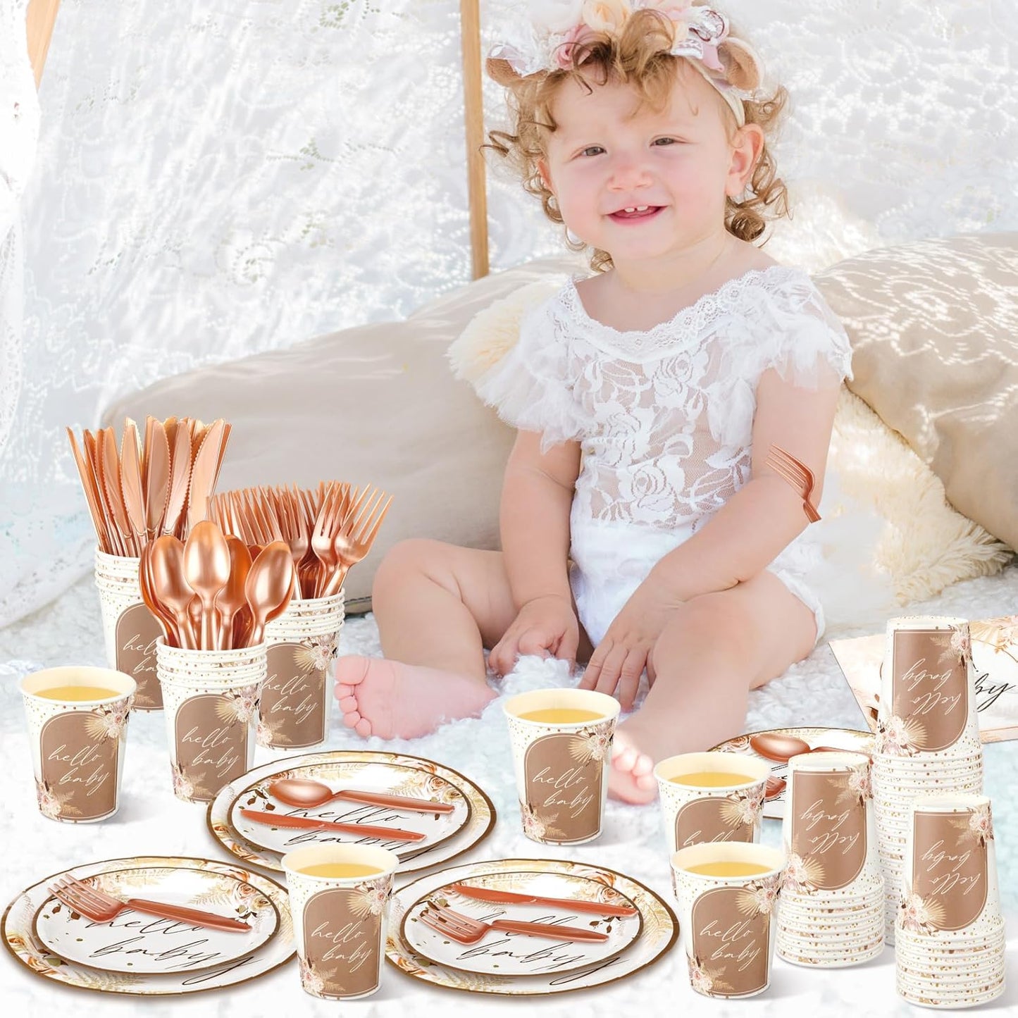 Dandat 350 Pcs Baby Shower Plates Set Baby Shower Party Supplies Serves 50 Tableware Sets Include Plates Napkin Cup Forks Knives Spoons Disposable Dinnerware(Boho Pampas Grass,Brown)