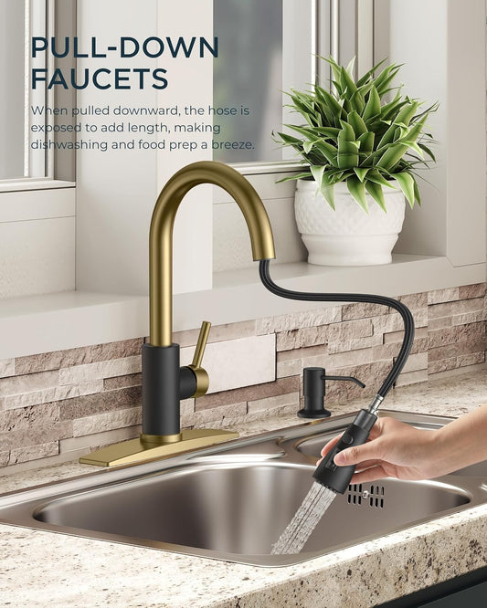 FORIOUS Kitchen Faucets with Soap Dispenser and Pull Down Sprayer, Bar High Arc Single Handle Classic 3 Modes Stainless Steel Faucet for Kitchen Sink Farmhouse RV Laundry Camper, Black Gold