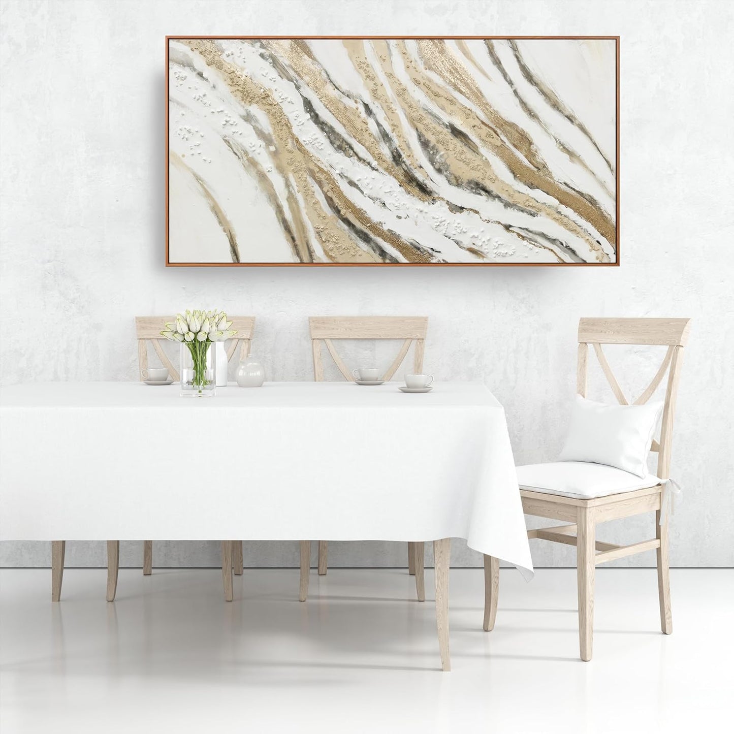 Abstract Canvas Wall Art Large Size Modern Art Paintings Abstract Painting With Golden And White Lines Minimalist Artwork Decor For Living Room Bedroom Corridor Framed 29" X 58"