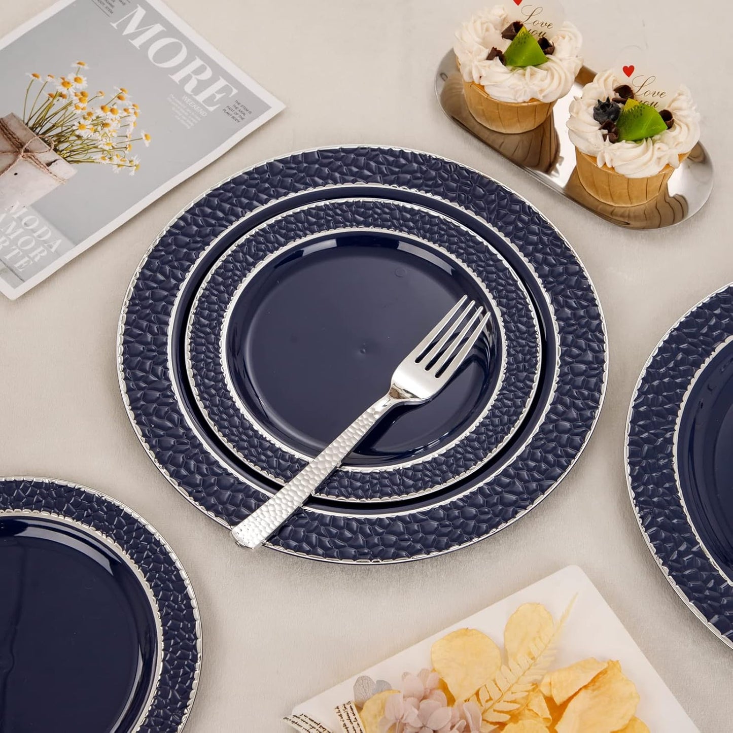 Ciaell 150 PCS Blue and Silver Plastic Plates - Blue Disposable Plate include 50 Plates, 25 Knives, 25 Forks, 25 Spoons, 25 Cups for Weddings & Party & Christmas