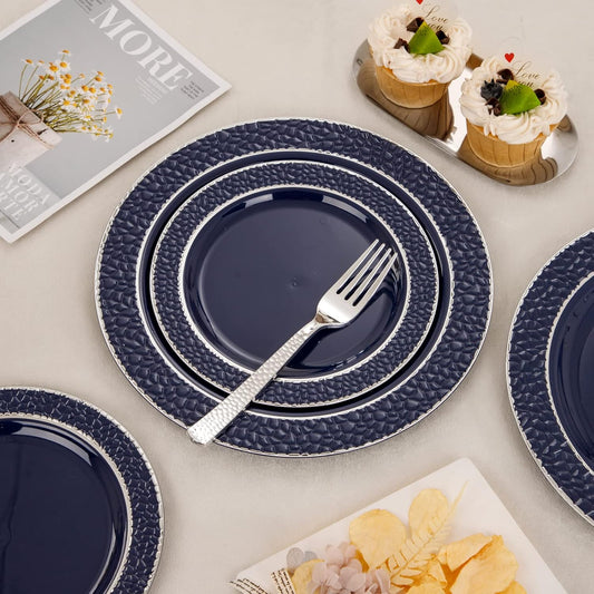 Ciaell 150 PCS Blue and Silver Plastic Plates - Blue Disposable Plate include 50 Plates, 25 Knives, 25 Forks, 25 Spoons, 25 Cups for Weddings & Party & Christmas