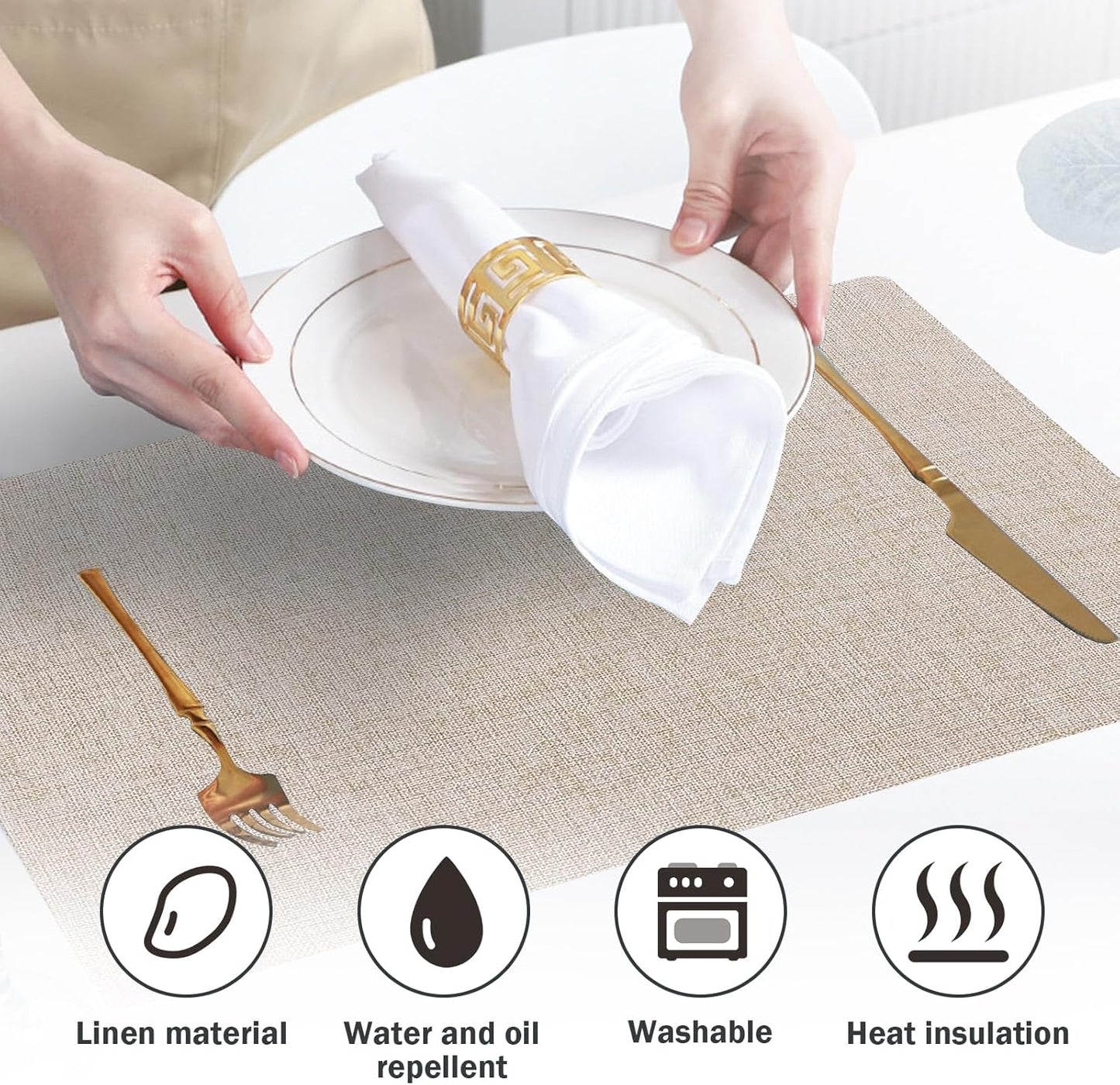 Cloth Placemats Set of 6, 14 x 19 Inch Cotton Linen Quilted Placemats Set of 6, Washable Farmhouse Dining Table Mats for Indoors & Outdoors