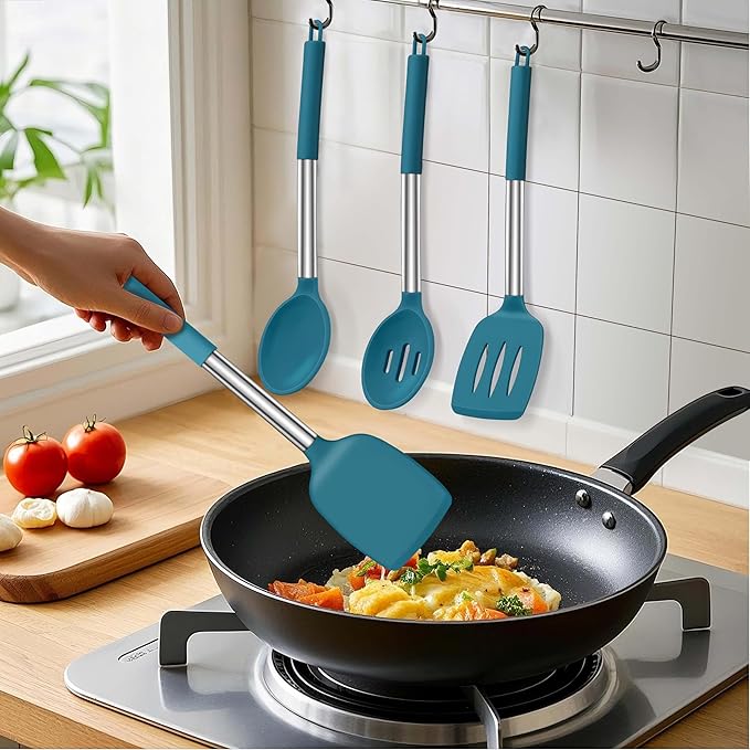 LIANYU Silicone Kitchen Cooking Utensils Set, 6Pcs Heat Resistant Kitchen Tools Spatula for Nonstick Cookware, Slotted Turner, Spoon, Soup Ladle, Pasta Server, Skimmer, Tongs, Blue
