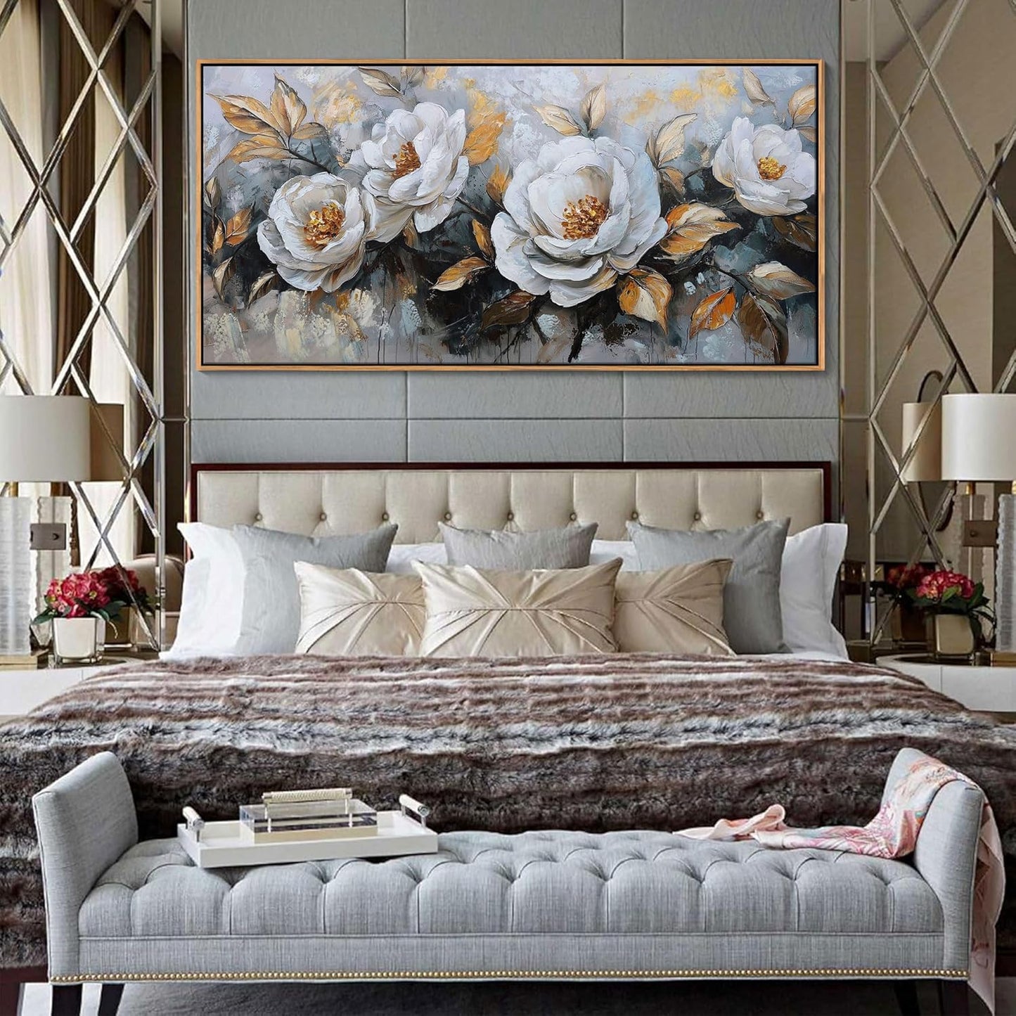 HKDGOKA Large Flowers Canvas Wall Art - Textured Petals Painting Golden Stamens Leaves Abstract Pictures Decor Modern Gallery Floral Artwork for Living room Office Bedroom Home Decorations 29x58