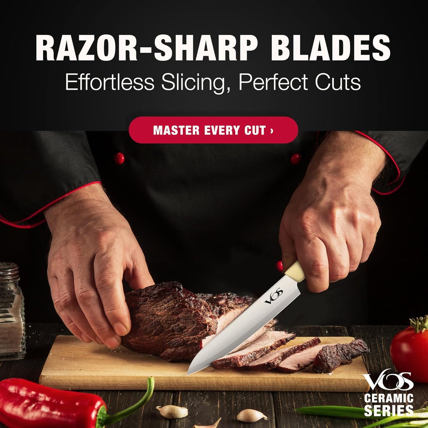 Vos Ceramic Knife Set in Elegant Gift Box, Ceramic Knives Set For Kitchen, Ultra Sharp Kitchen Knife Set & Covers, 3" 4" 5" 6" Paring, Santoku, utlity & Chef Knife, Scissors included (Off-White)