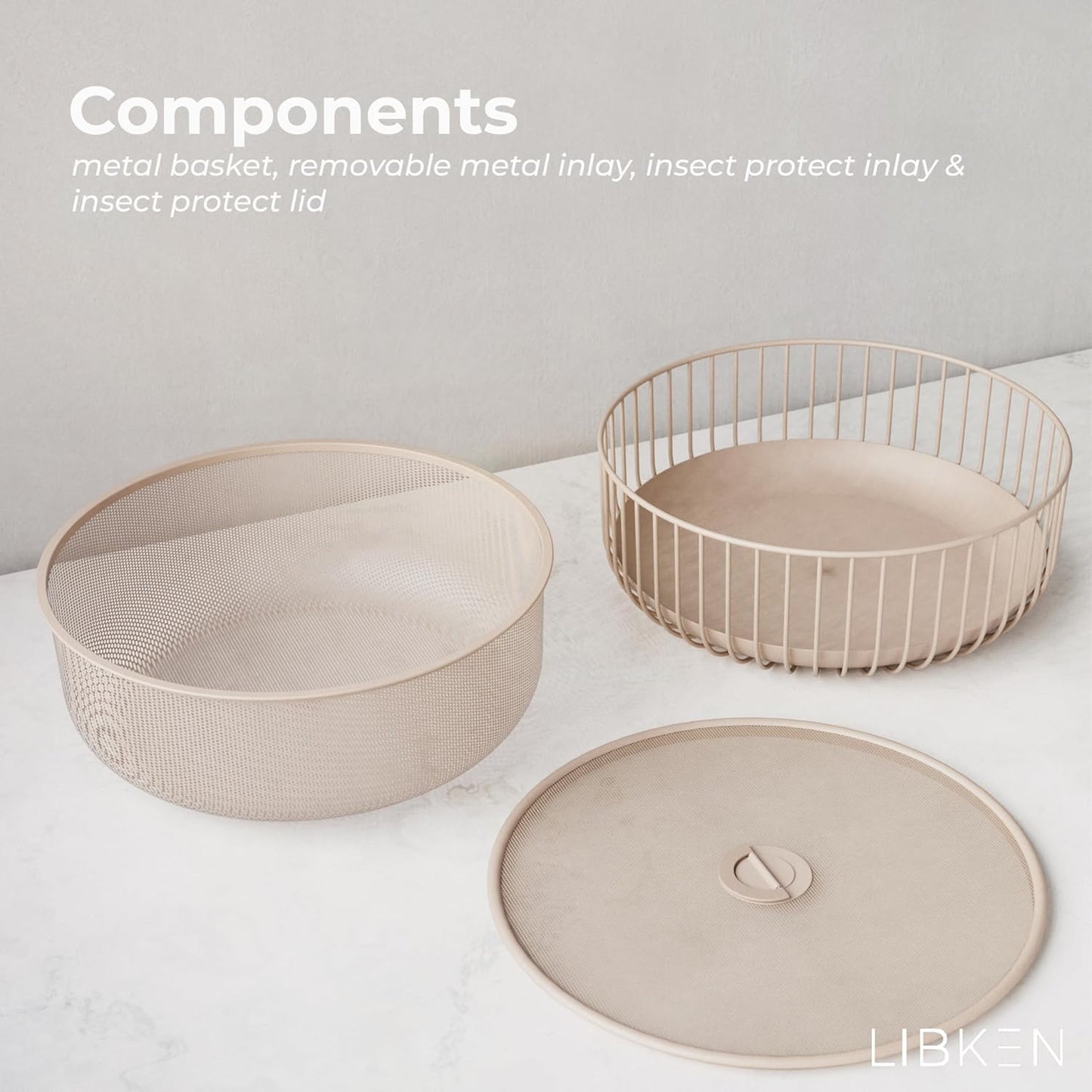 Metal Fruit Bowl with Mesh Lid and Basket - Fruit and Vegetable Holder For Kitchen Counter - Countertop Display Baskets Organizer - Bowl Storage for Veggie, Fruits, Snack, and Banana - Peach