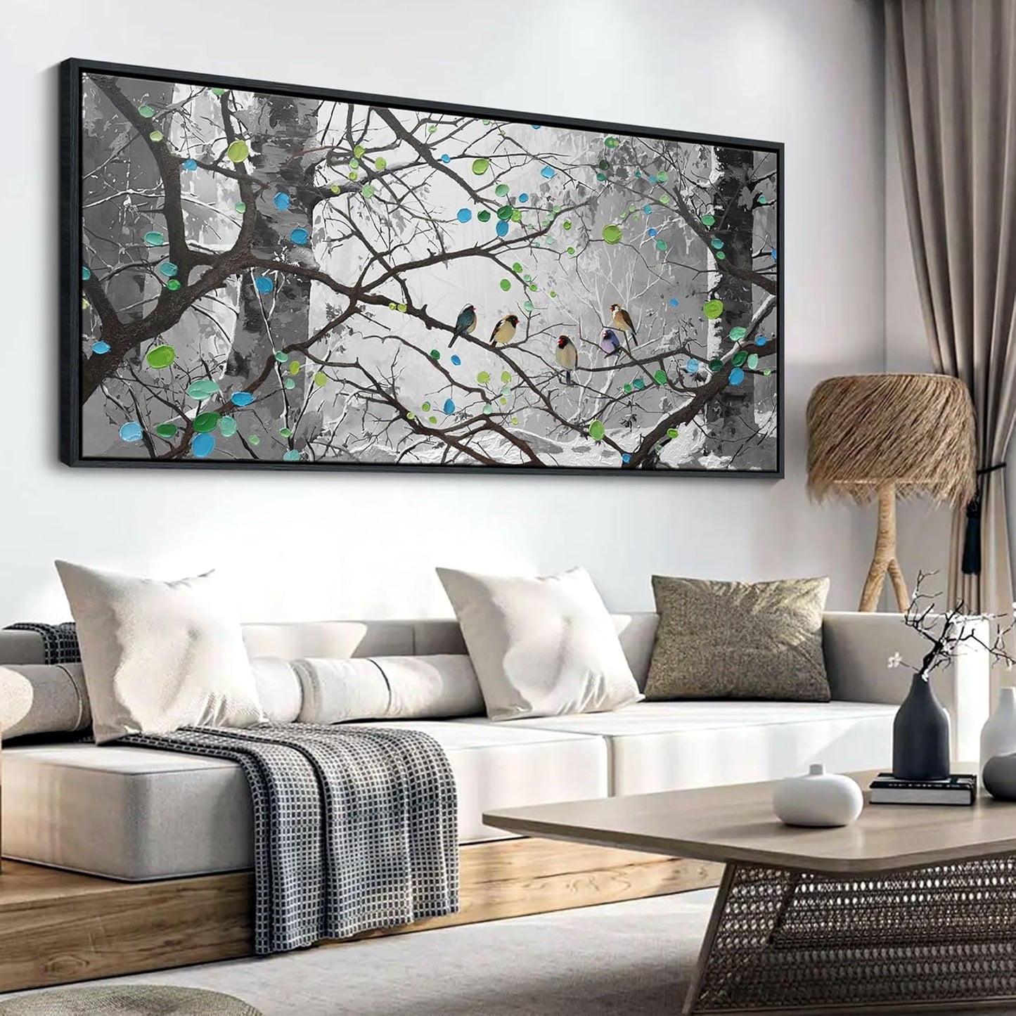 YCPRIMER Extra Large Grey Wall Art Bird on Branch Misty Forest Canvas Artwork Modern Framed Canvas Painting Decorative Home Decor Easy Be Hung Directly Dining Room Living Room Bedroom Office Size 70x31 Inches