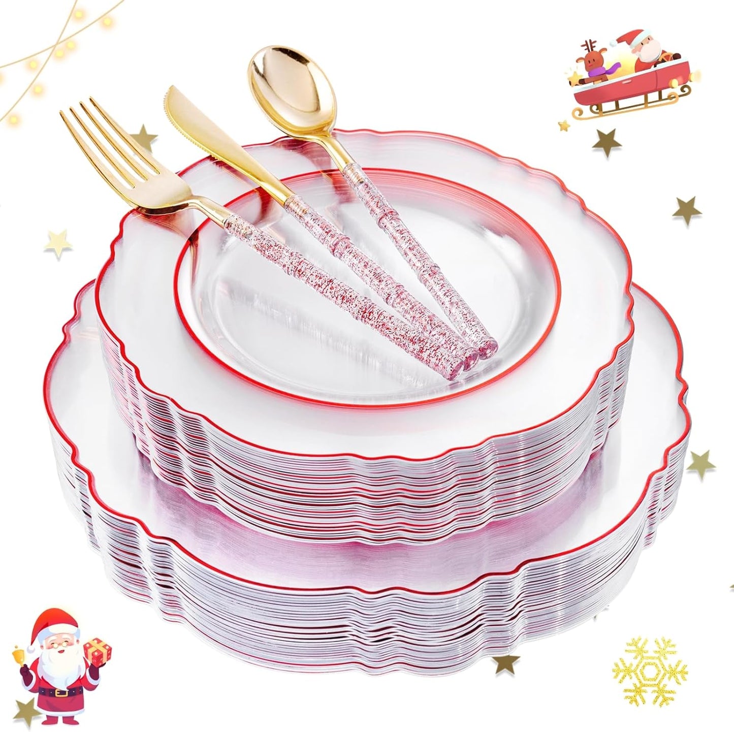 Liacere 150PCS Clear and Red Plastic Plates-Clear Red Disposable Plates with Glitter Bamboo Handle Cutlery-60 Baroque Elegant Plates,30 Forks,30 Spoons,30 Knives for Wedding&Christmas