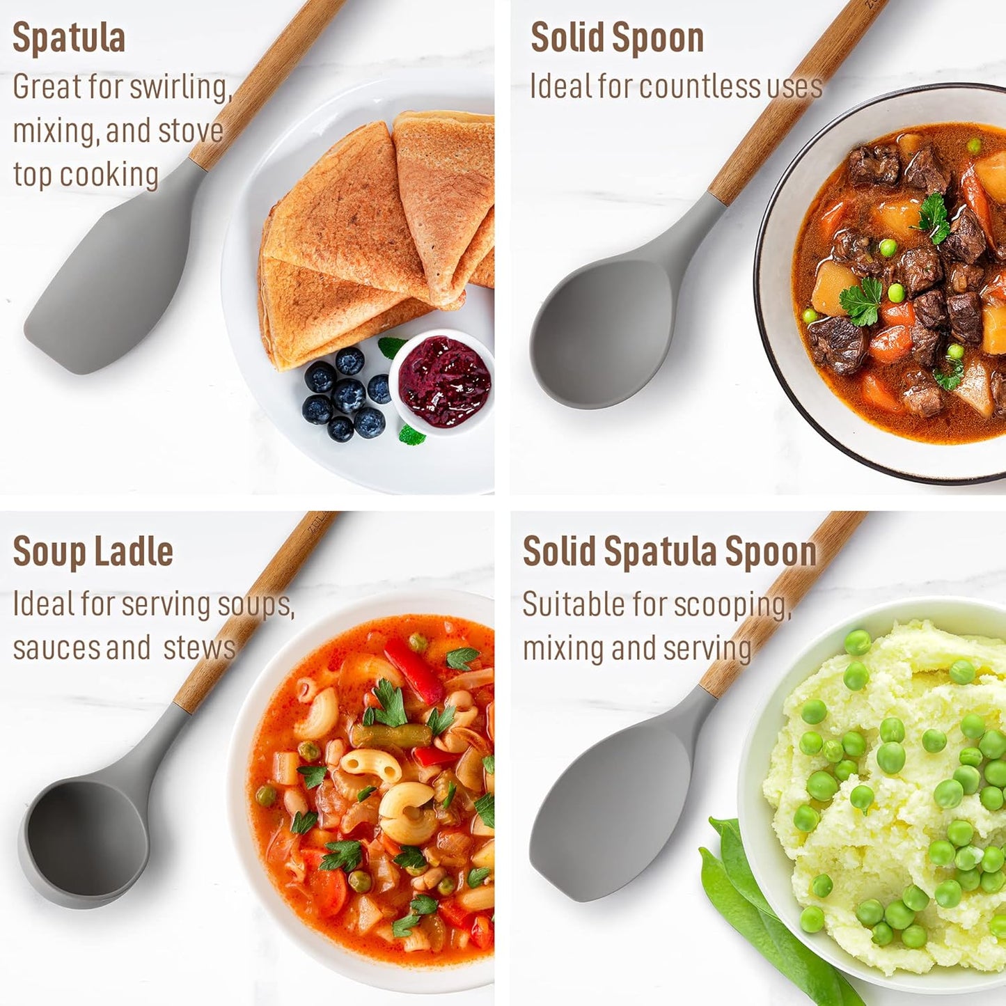 Zulay Kitchen Utensils Set Non-Stick Silicone Cooking Utensils Set with Authentic Acacia Wood Handles - 8 Piece Set - Silicone Kitchen Utensils Set with 464°F Heat Resistance - Gray