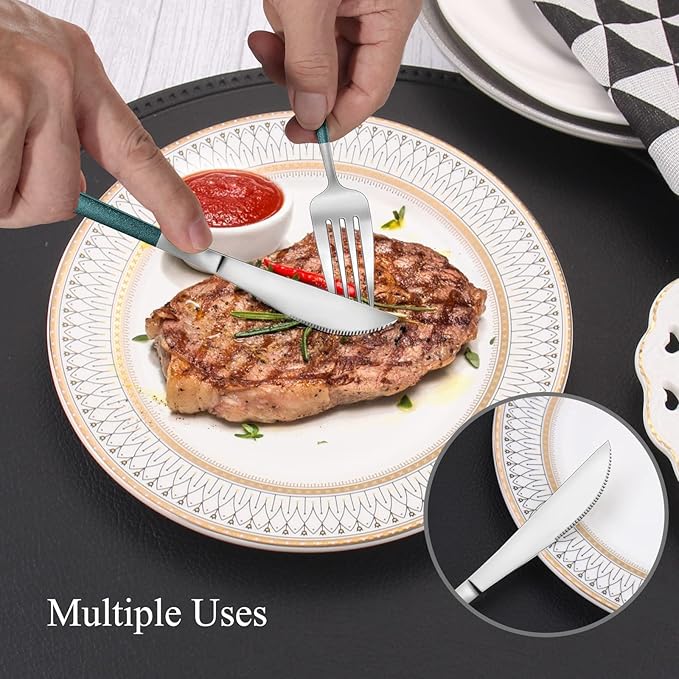 Mirror Silver Green Silverware Set, 20-Piece Stainless Steel Flatware Set, Satin Finish tableware Cutlery Set, Service for 4, Home and Restaurant, Dishwasher Safe