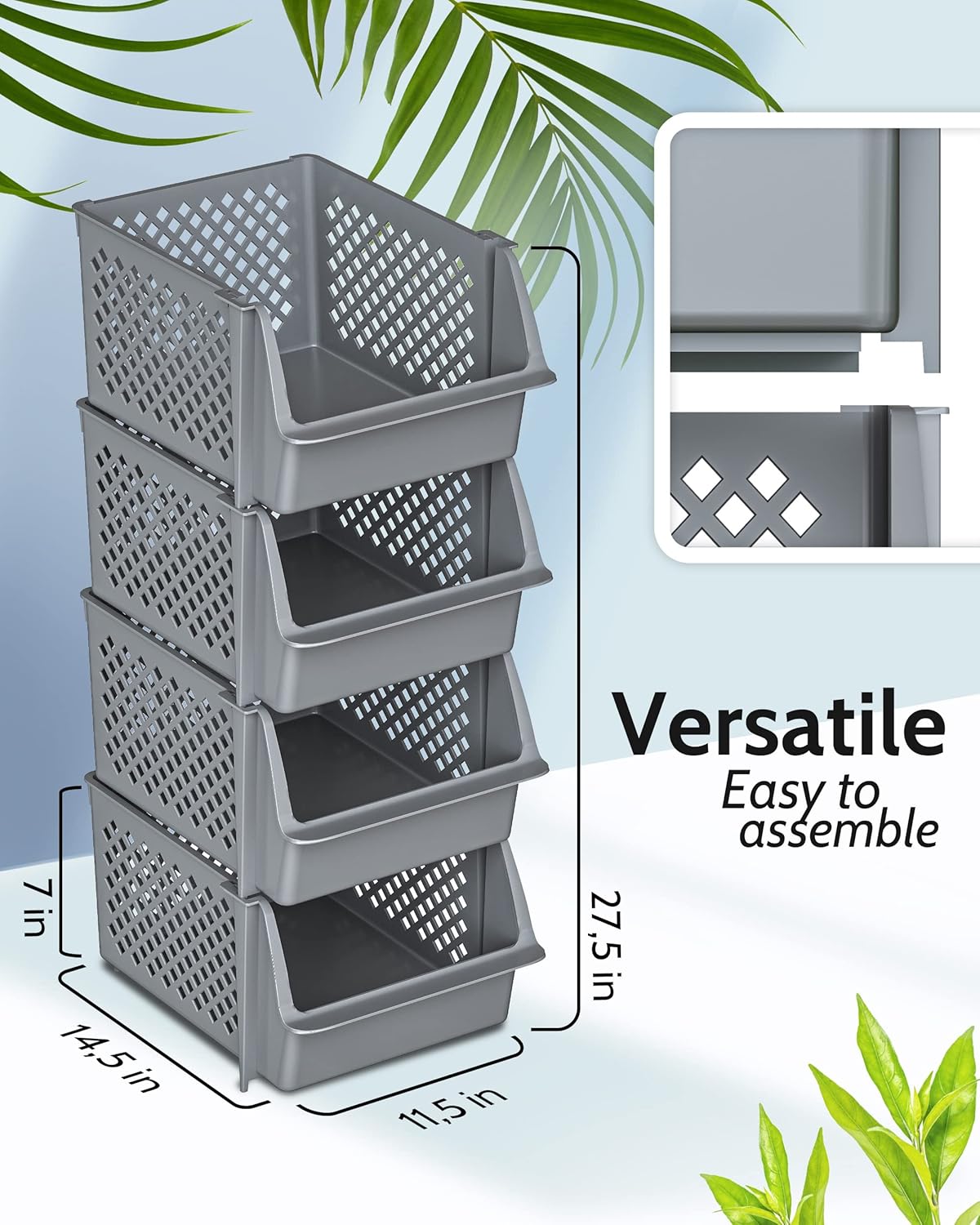 TidyFriend Stackable Storage Bins for Closet Organizers and Storage 4 Pack, Garage Storage Bin Stackable, Bathroom and Garage Organizer (Grey)